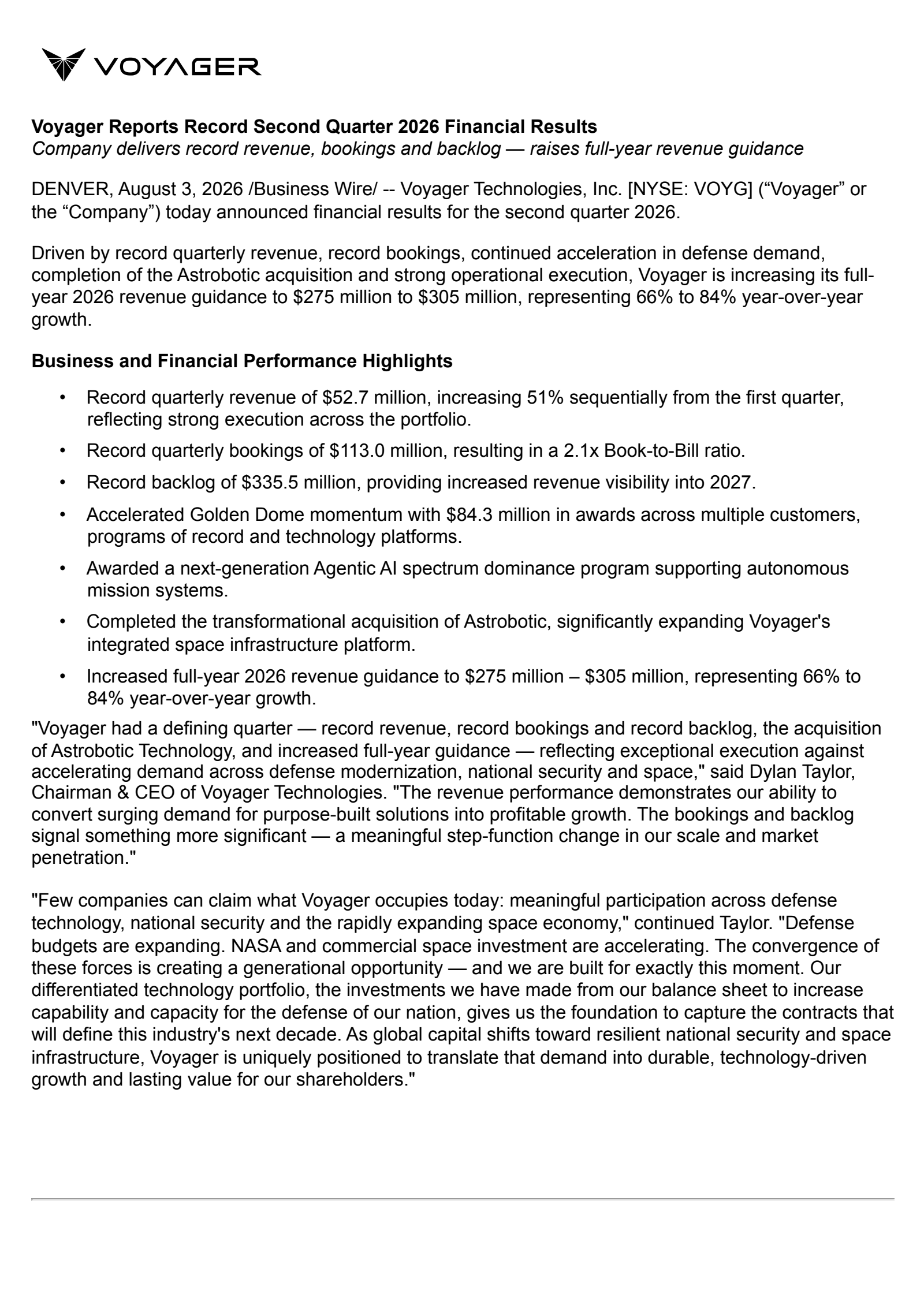Voyager Technologies' Q2 2026 Press Release