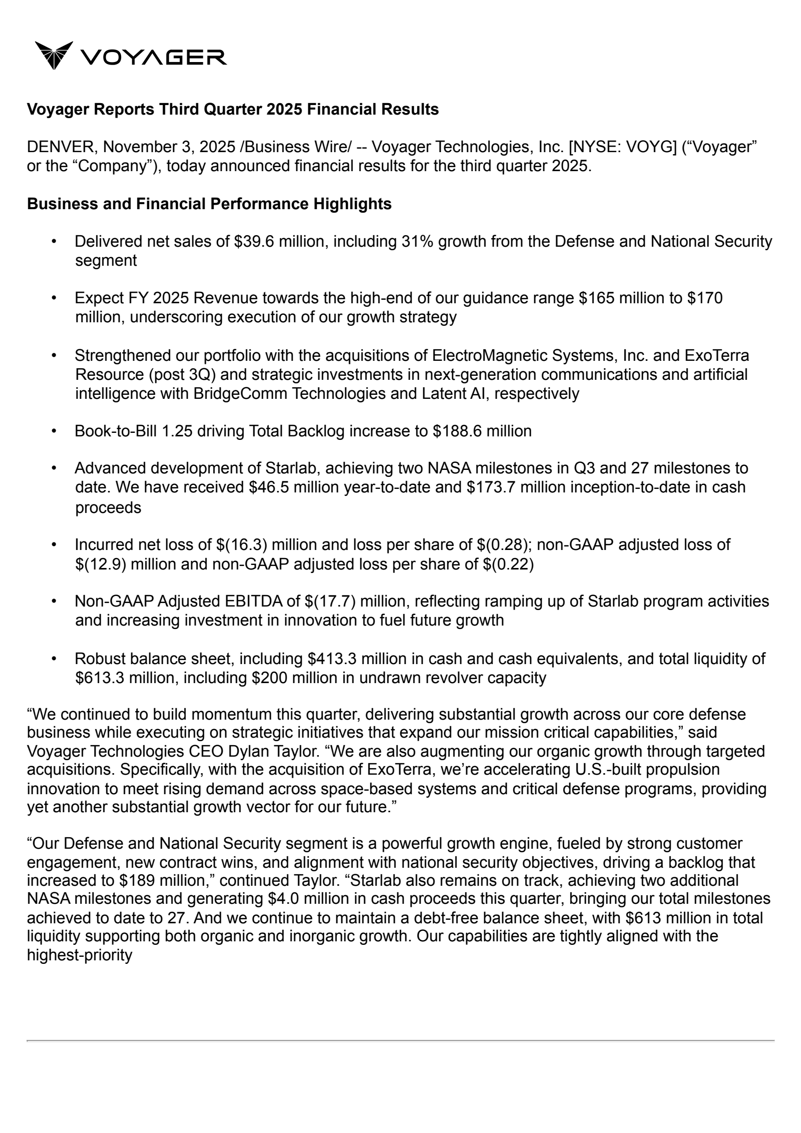 Voyager Technologies' Q3 2025 Earnings Release