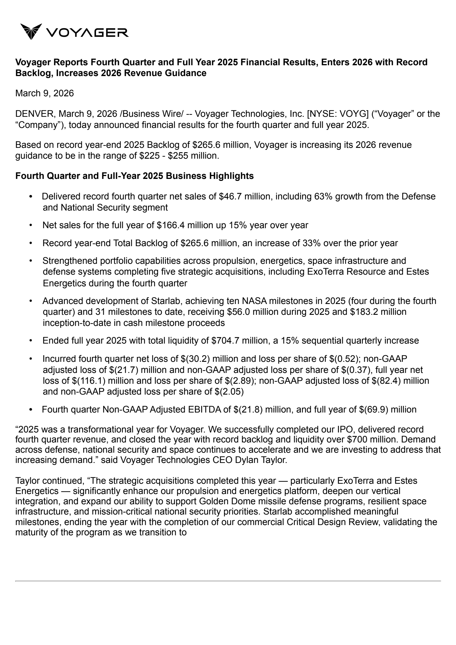Voyager Technologies' Q4 2025 Press Release