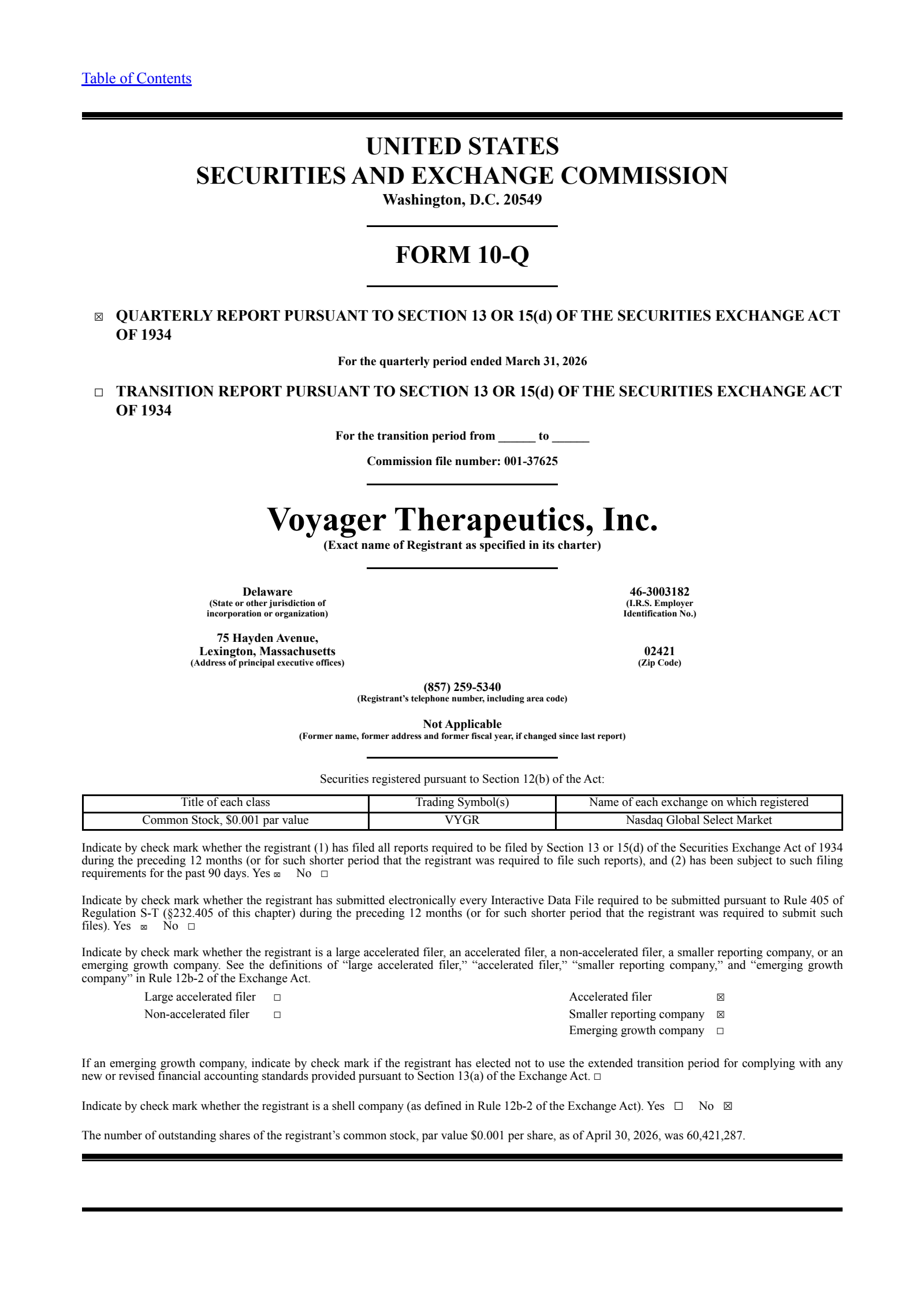 Voyager Therapeutics' Q1 2026 Quarterly report