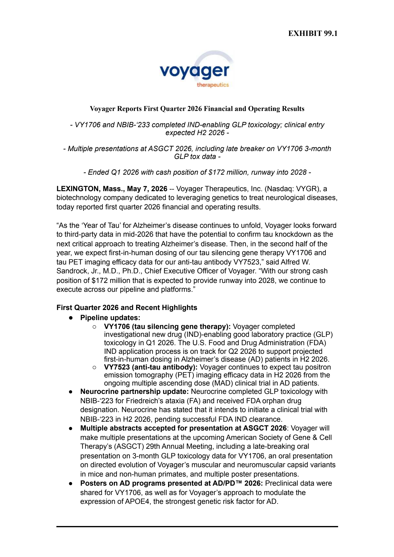 Voyager Therapeutics' Q1 2026 Press Release
