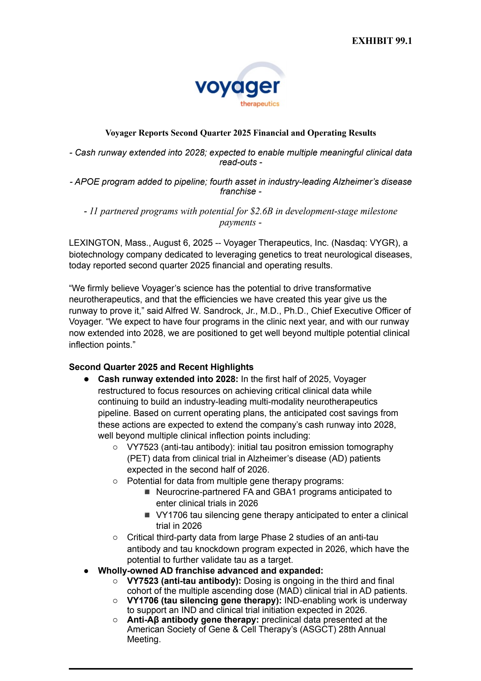 Voyager Therapeutics' Q2 2025 Press Release