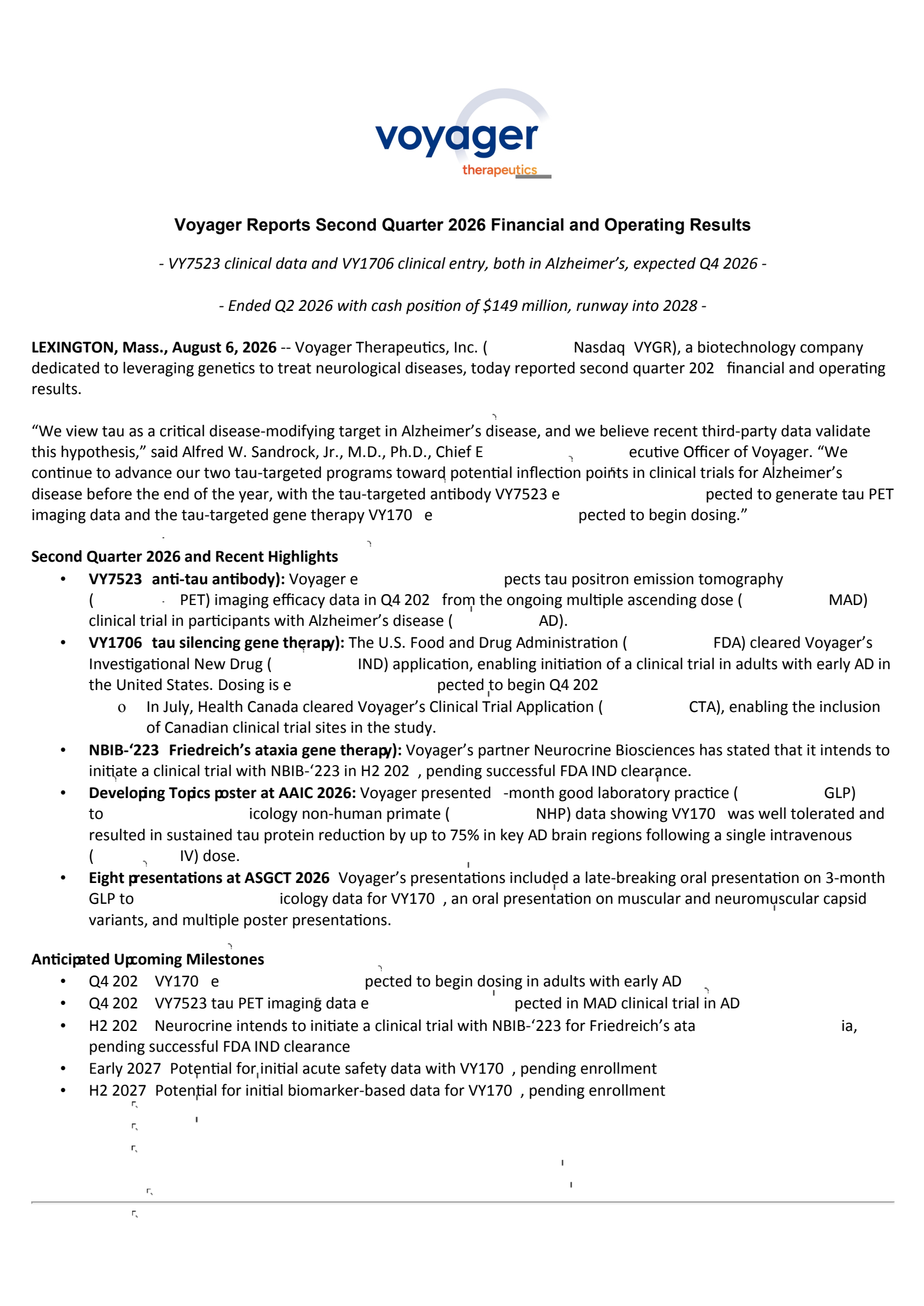 Voyager Therapeutics' Q2 2026 Press Release