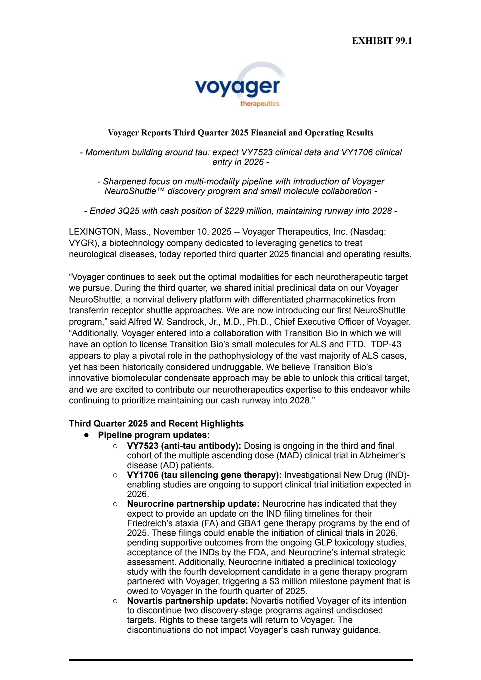 Voyager Therapeutics' Q3 2025 Earnings Release