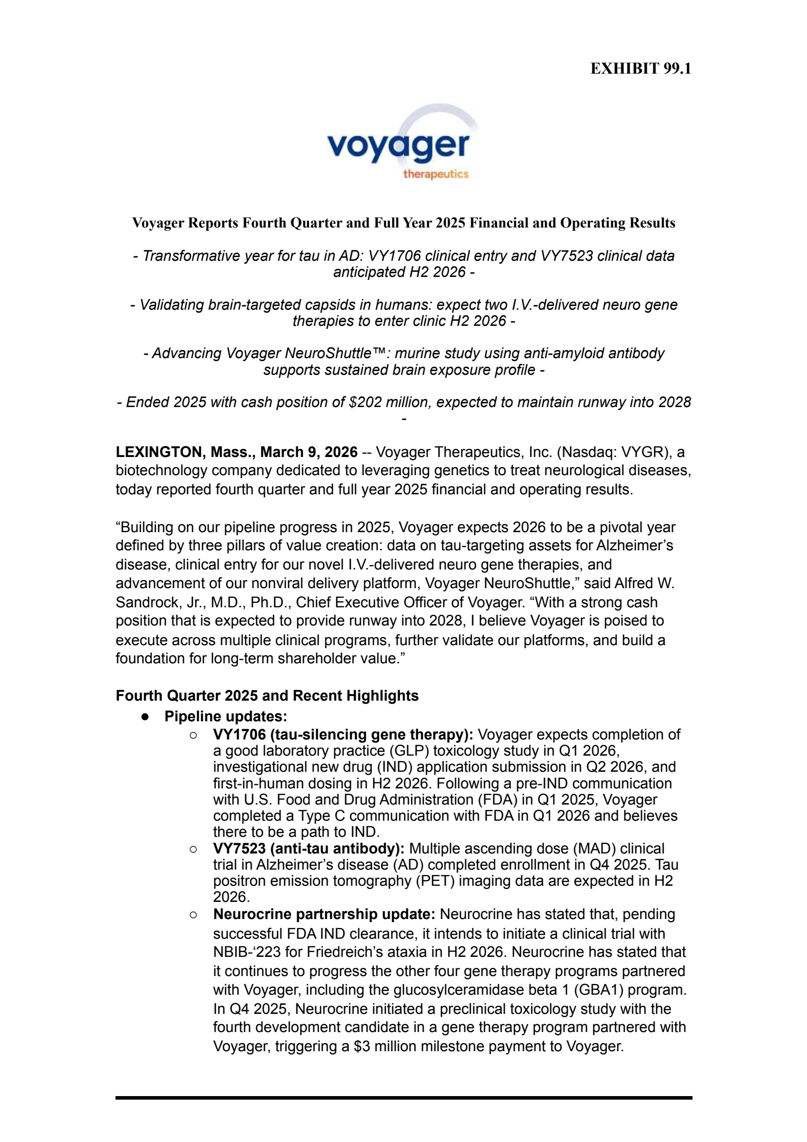 Voyager Therapeutics' Q4 2025 Press Release