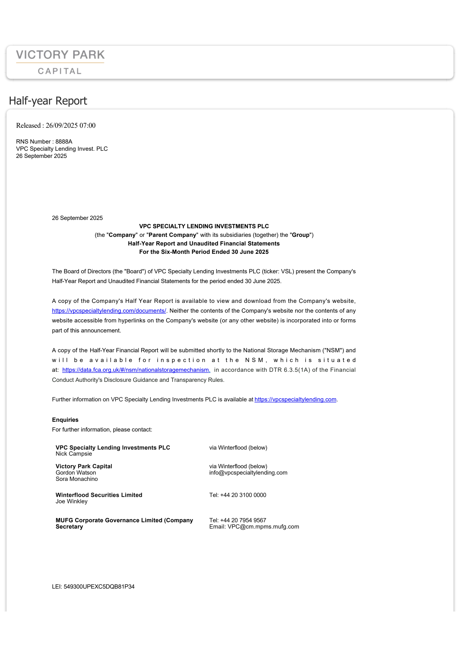 VPC Specialty Lending Investments' H1 2025 Interim Report