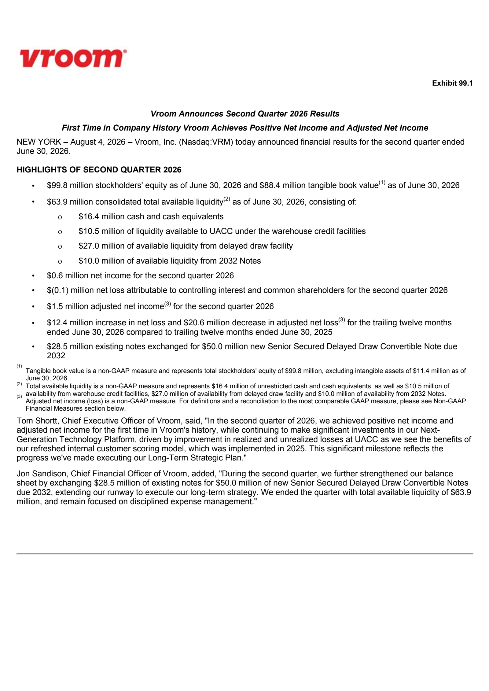 Vroom's Q2 2026 Press Release