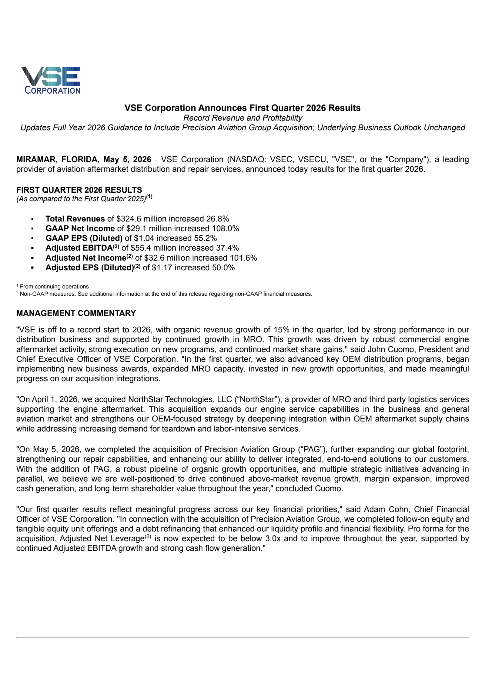 VSE's Q1 2026 Press Release