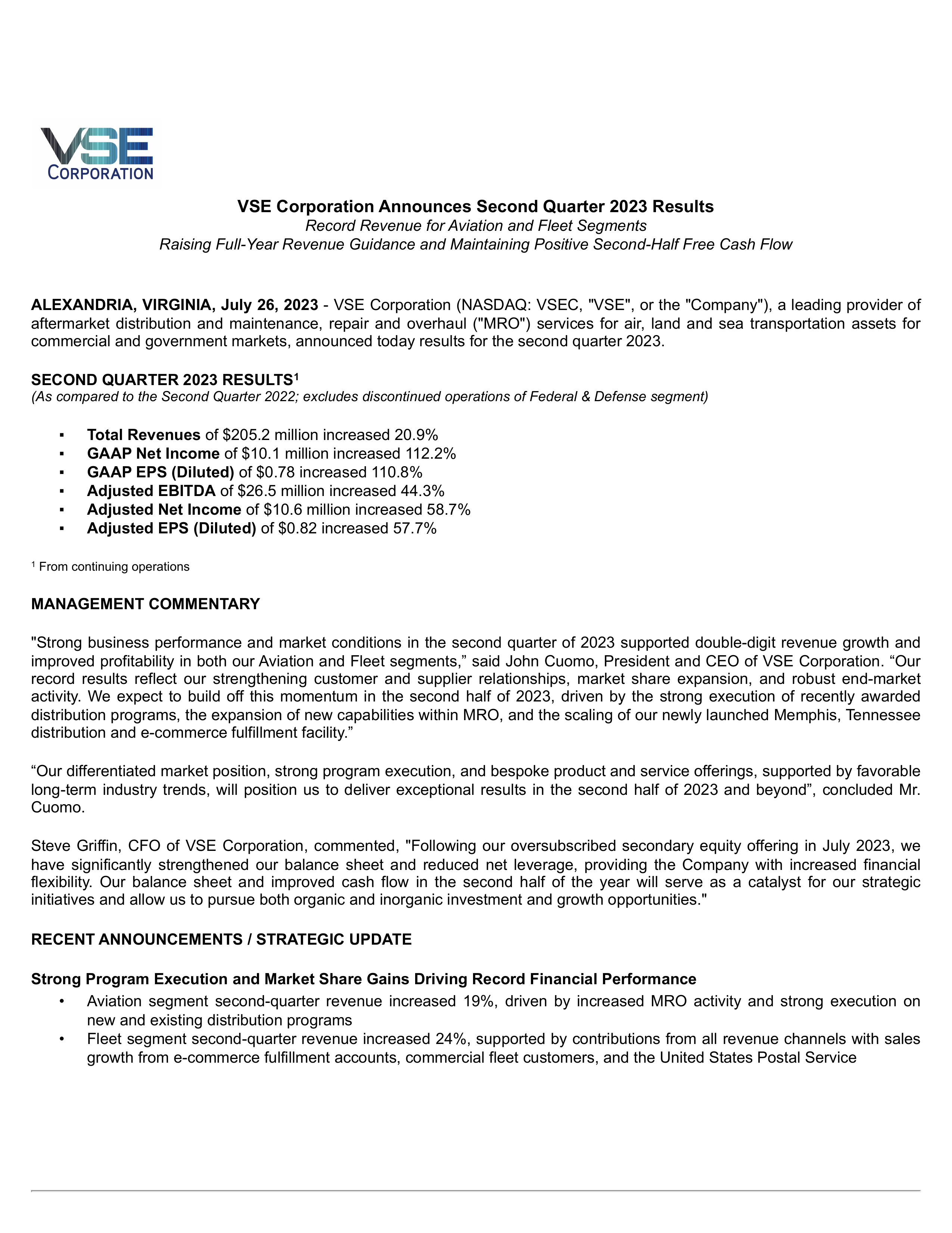 VSE's Q2 2023 Press Release