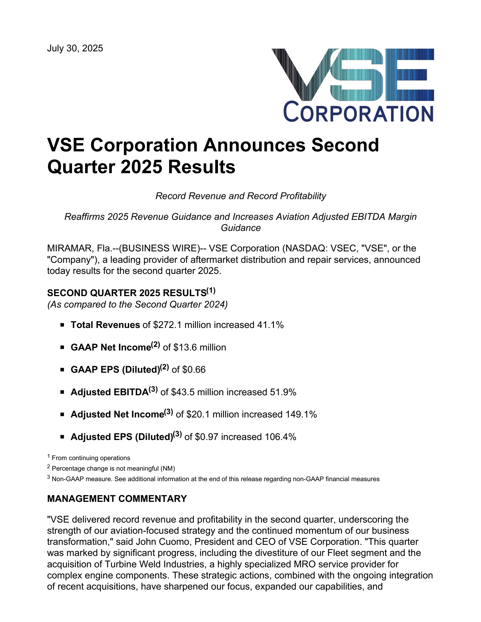 VSE's Q2 2025 Press Release