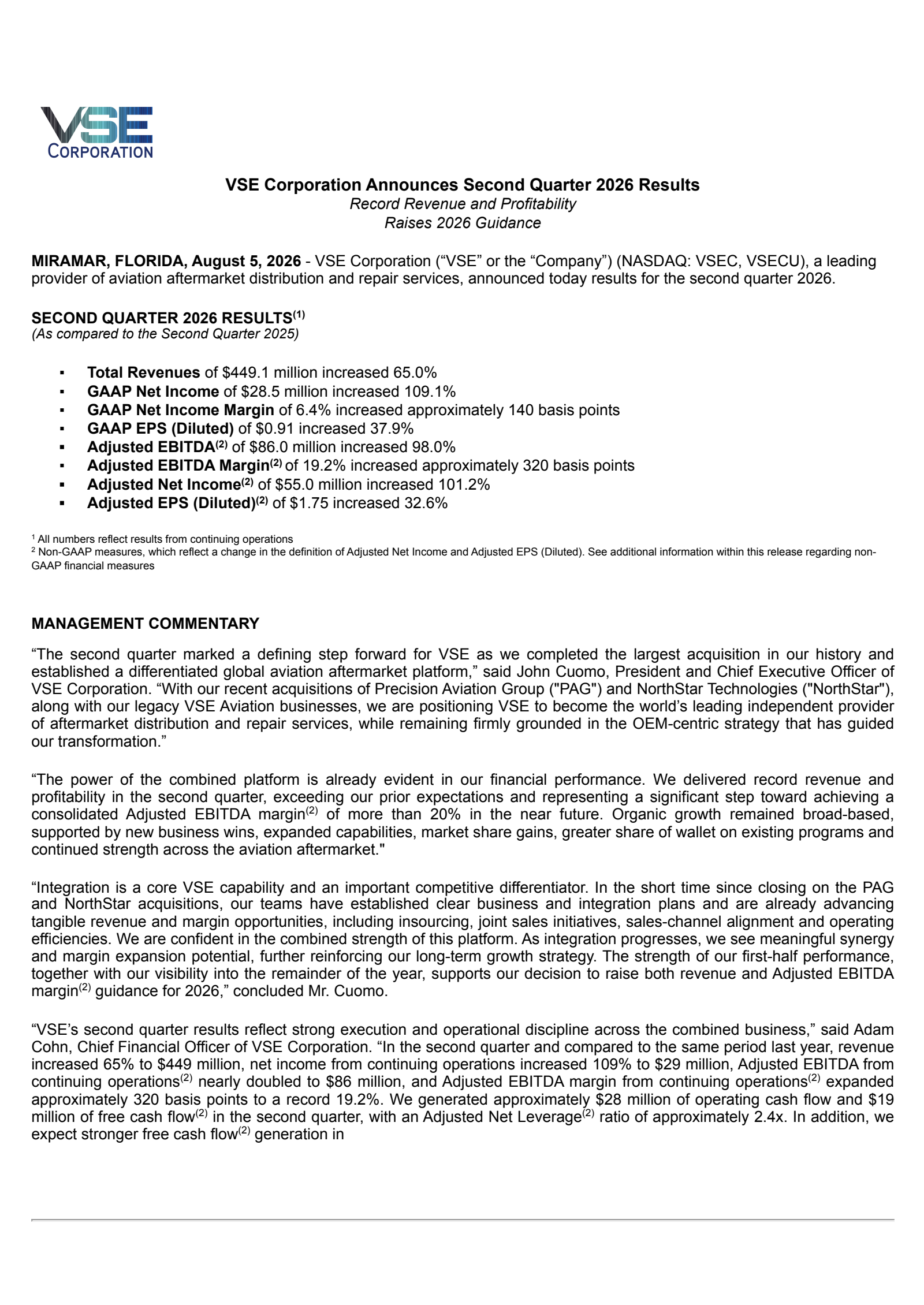 VSE's Q2 2026 Press Release
