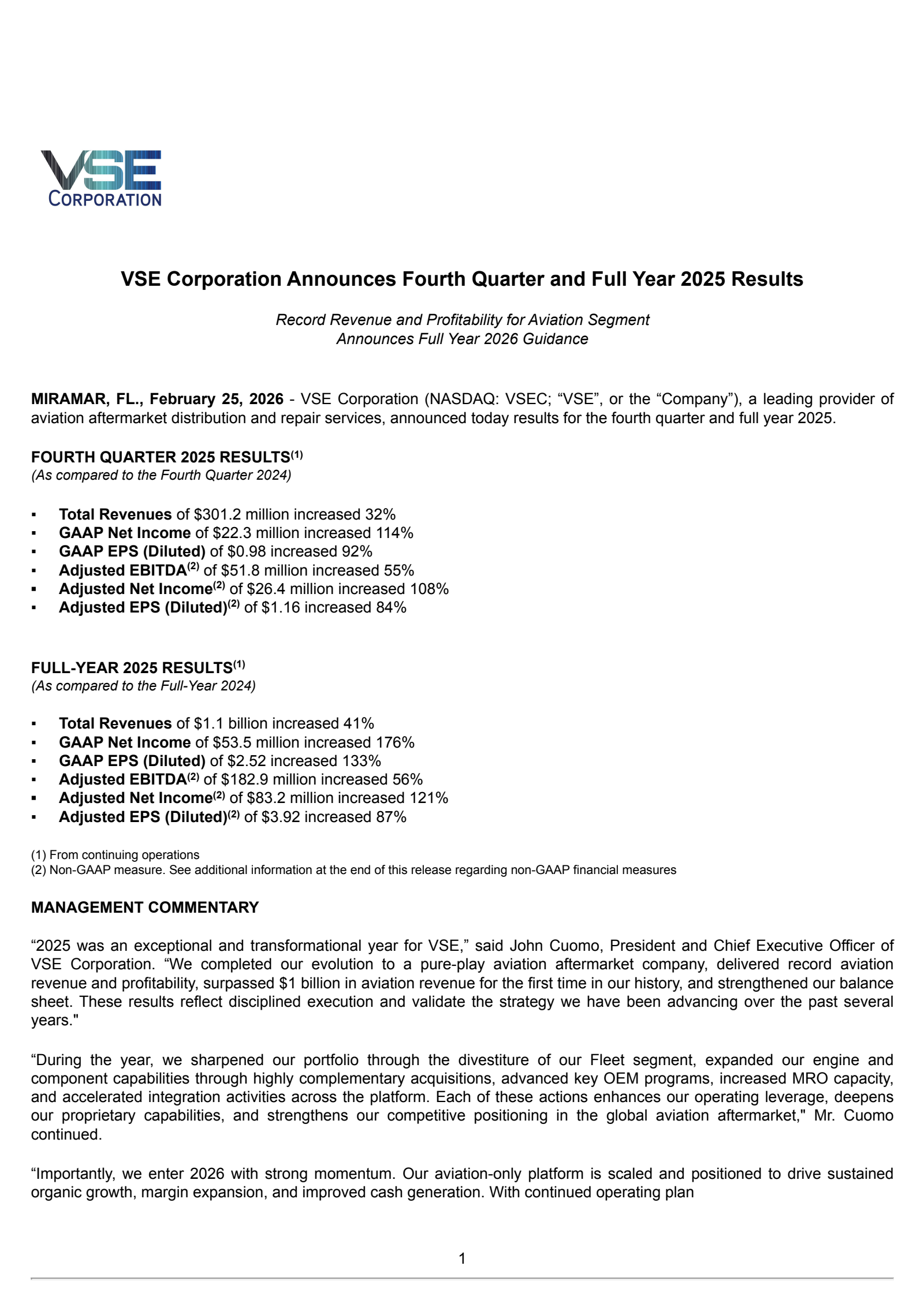 VSE's Q4 2025 Press Release