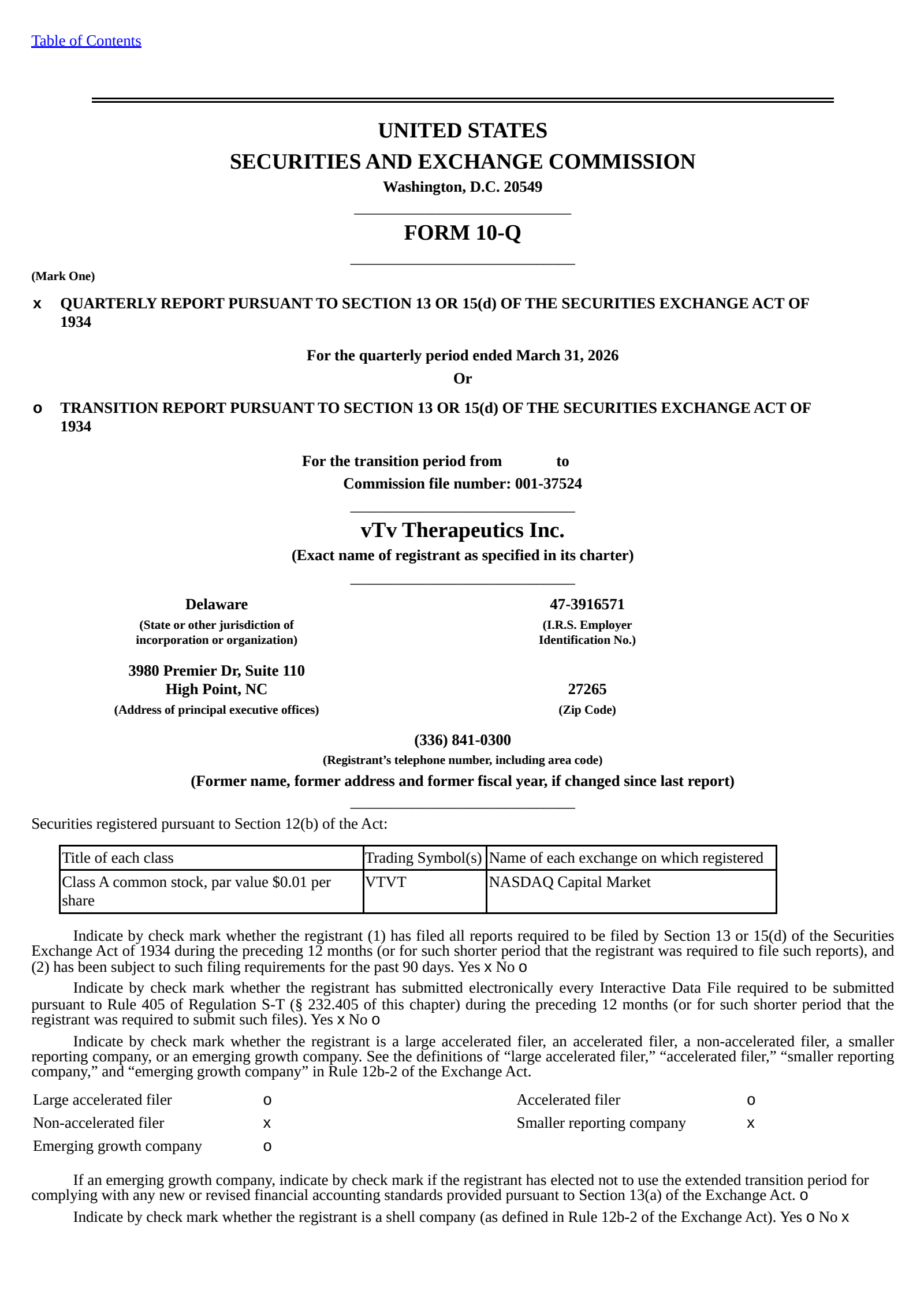 vTv Therapeutics' Q1 2026 Quarterly report