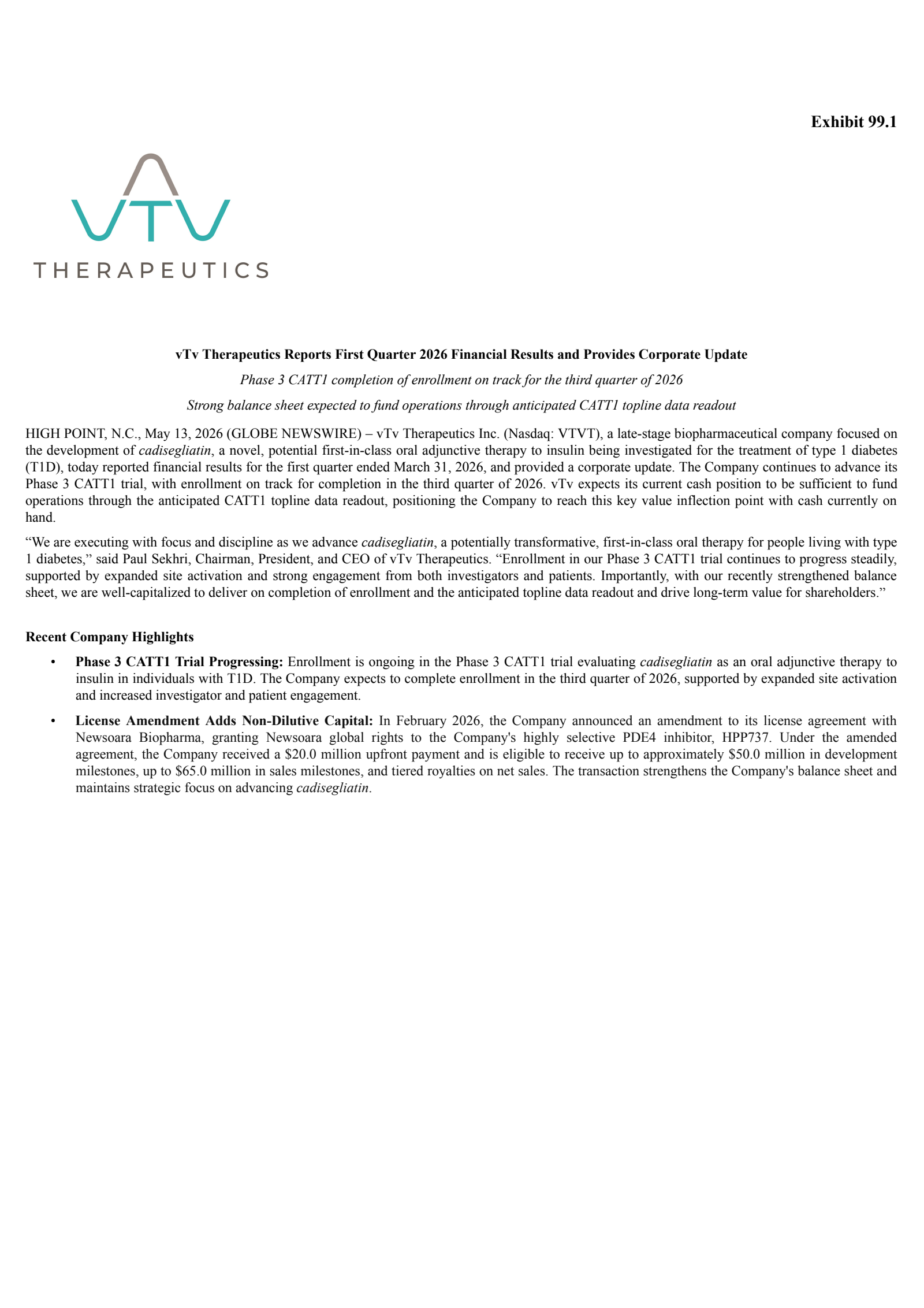 vTv Therapeutics' Q1 2026 Press Release