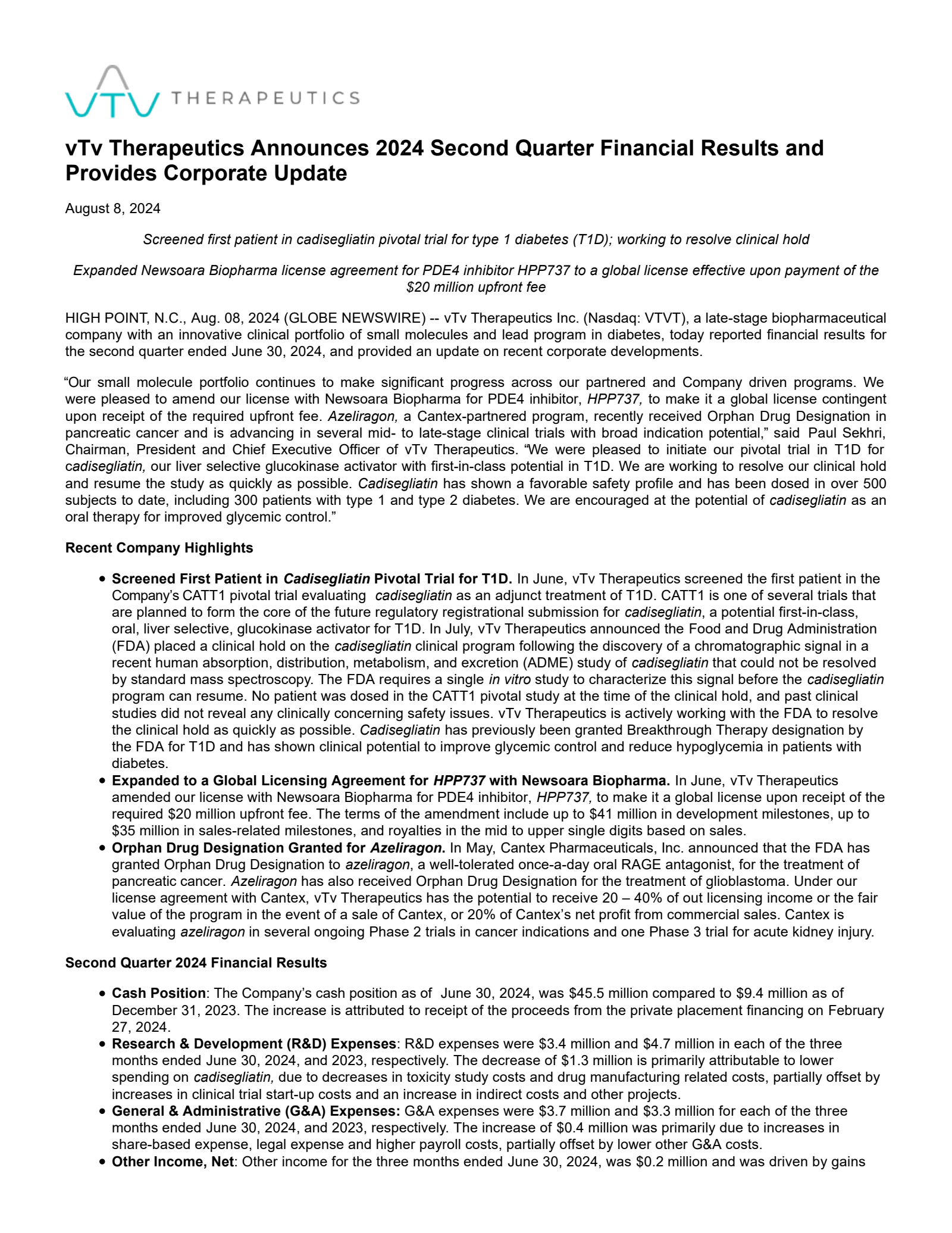 vTv Therapeutics' Q2 2024 Press Release