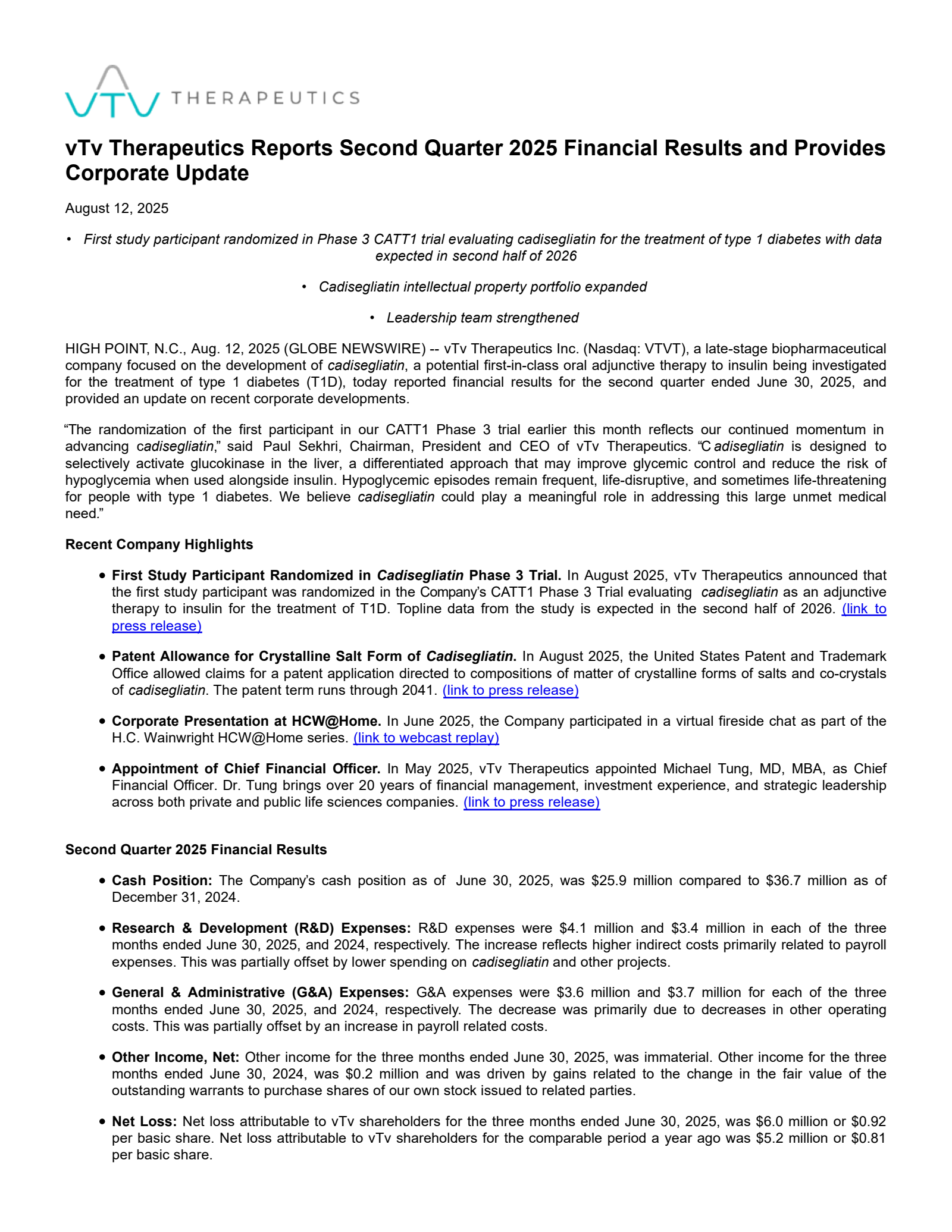 vTv Therapeutics' Q2 2025 Press Release