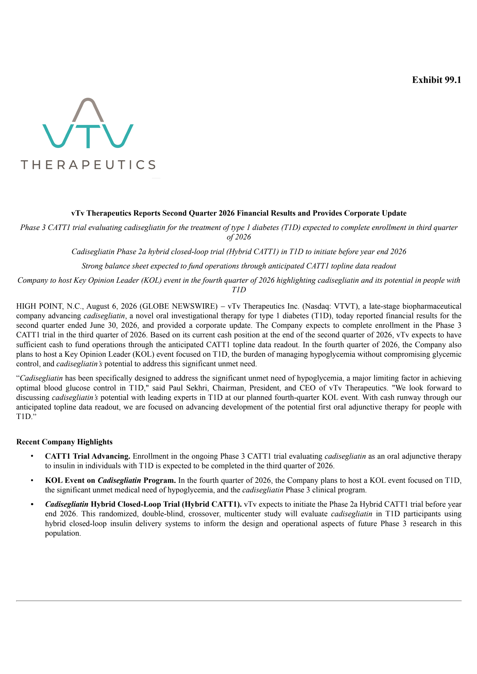 vTv Therapeutics' Q2 2026 Press Release