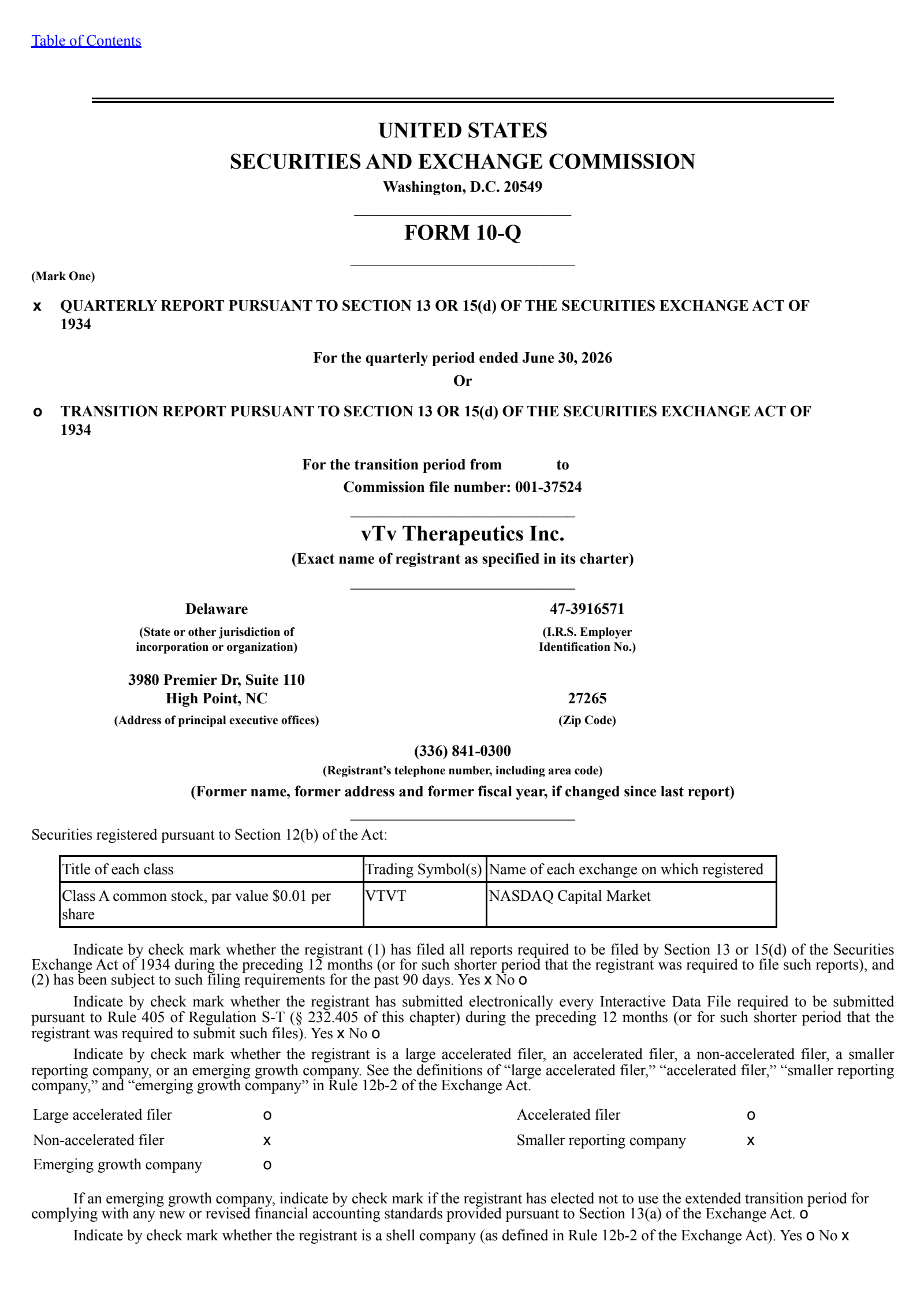 vTv Therapeutics' Q2 2026 Quarterly report