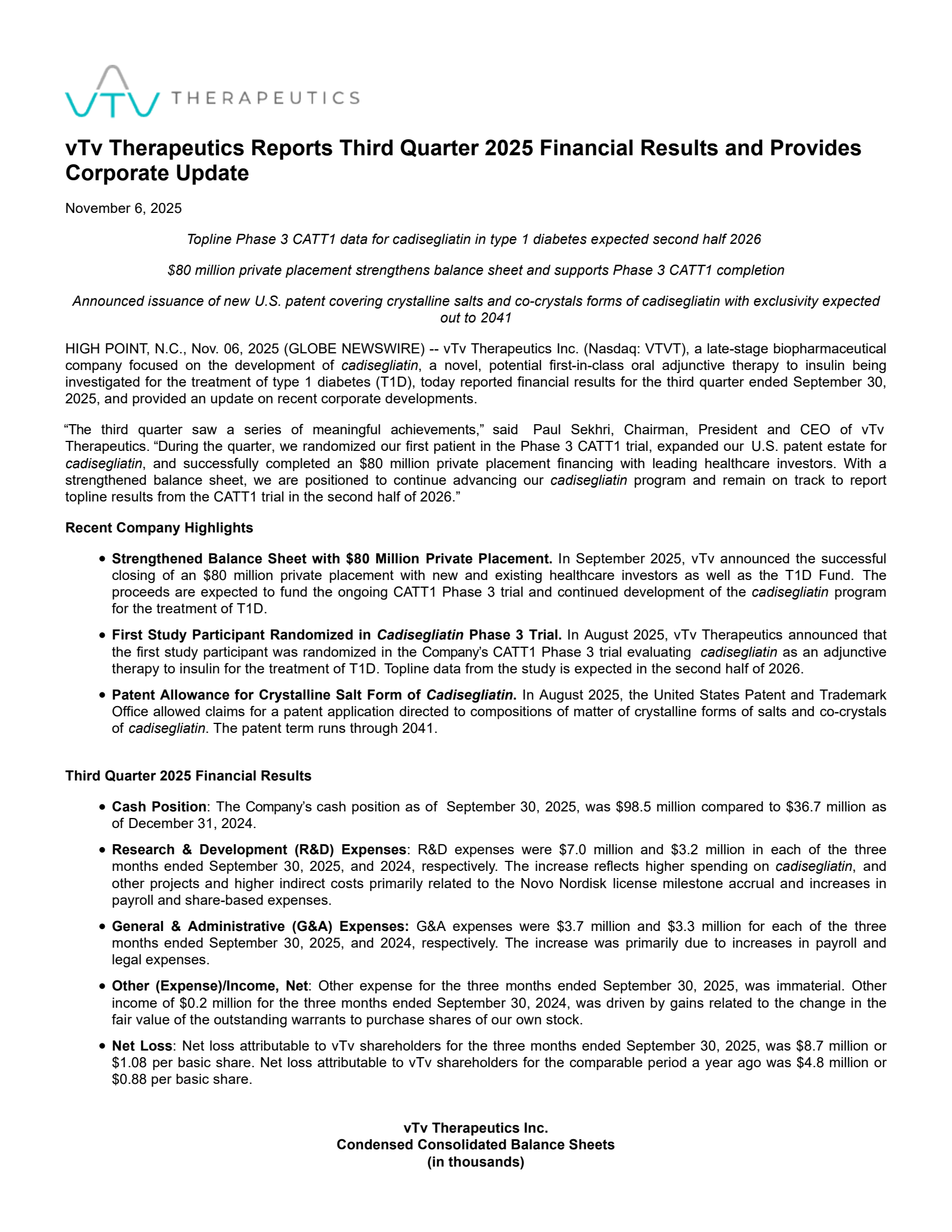 vTv Therapeutics' Q3 2025 Press Release