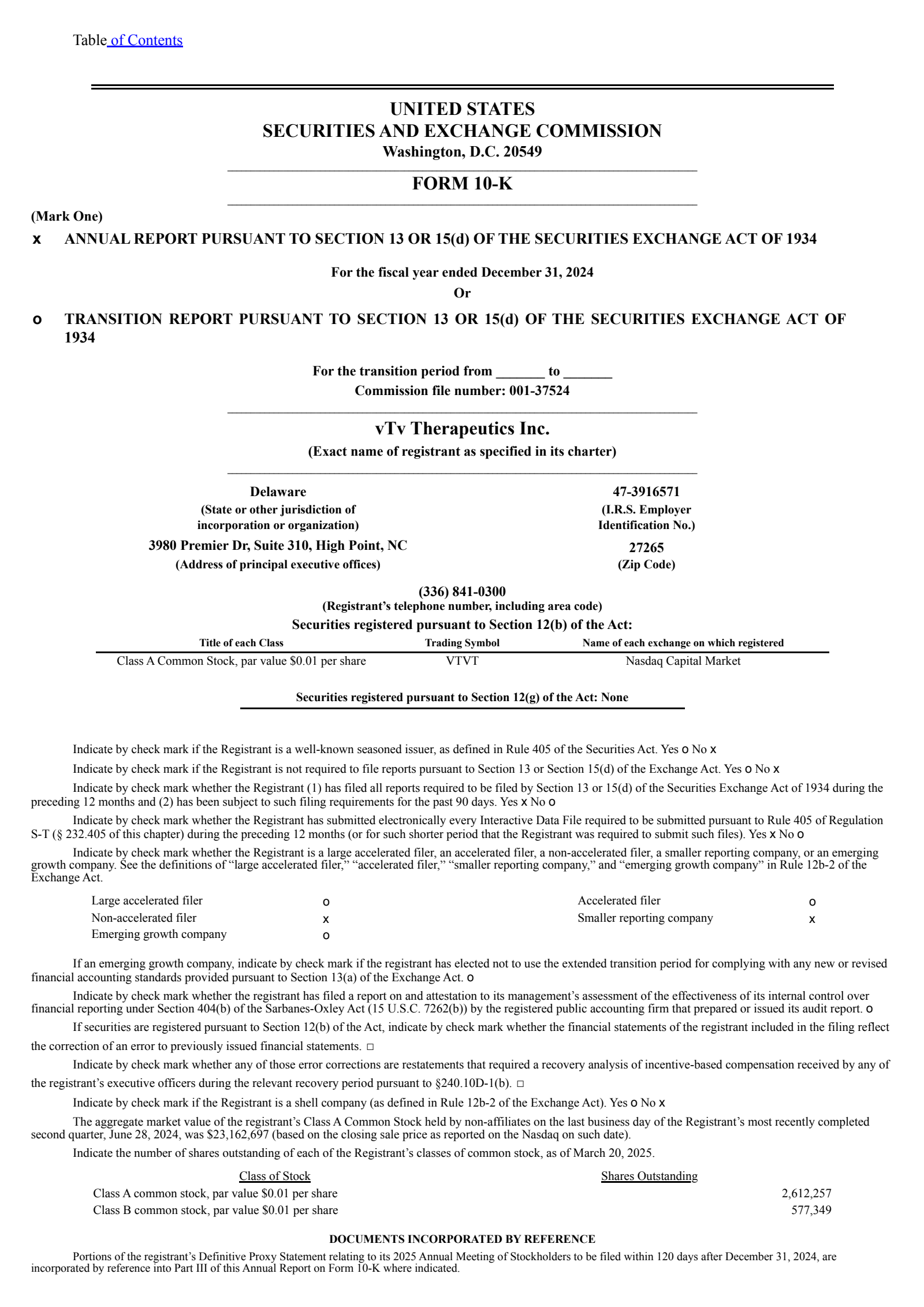 vTv Therapeutics' Q4 2024 Annual report