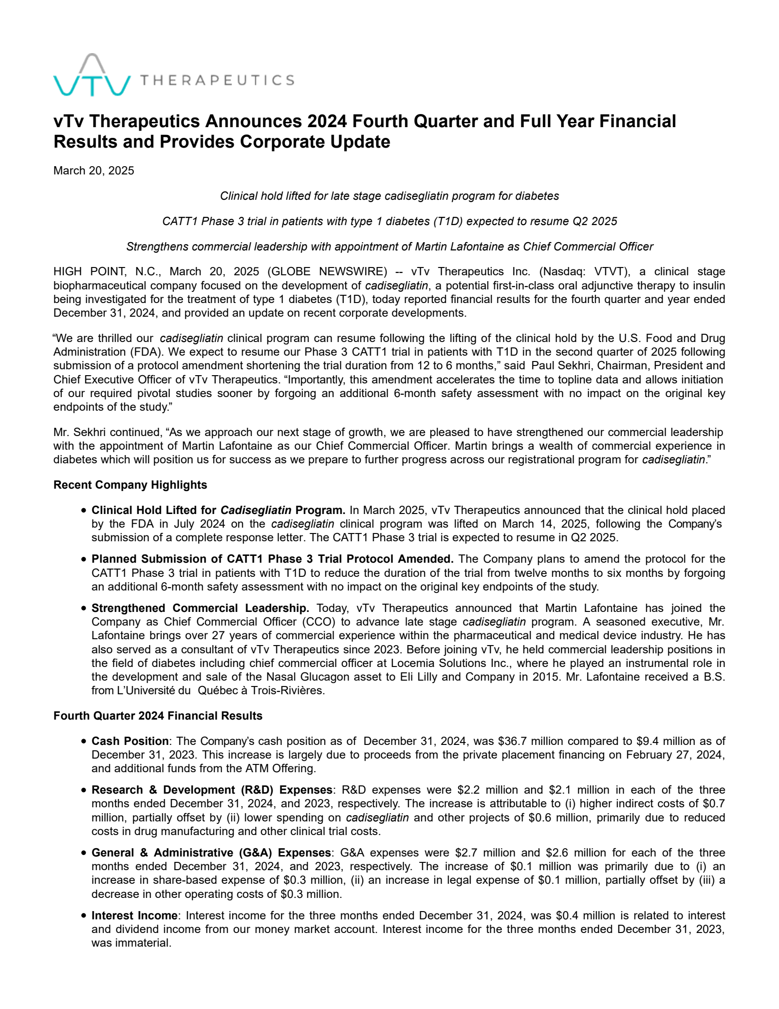 vTv Therapeutics' Q4 2024 Press Release