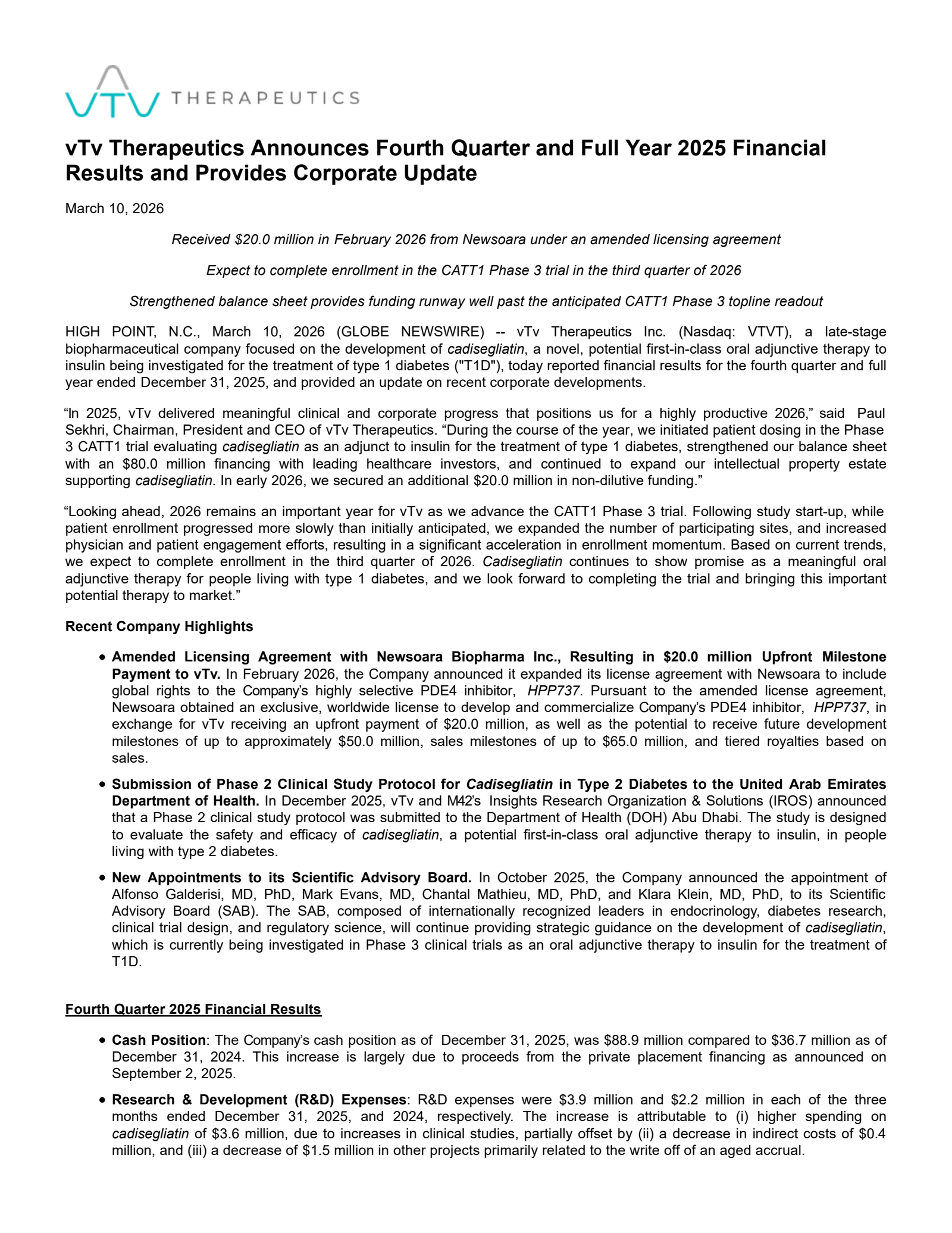 vTv Therapeutics' Q4 2025 Press Release