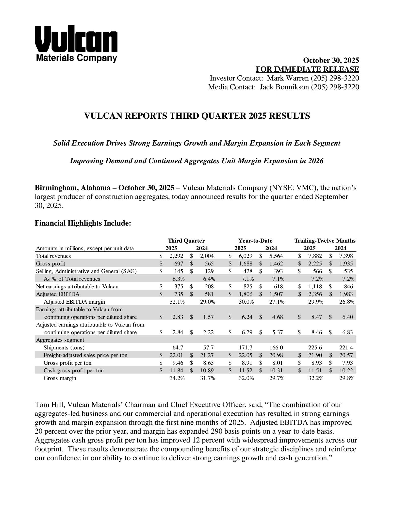 Vulcan Materials' Q3 2025 Earnings Release
