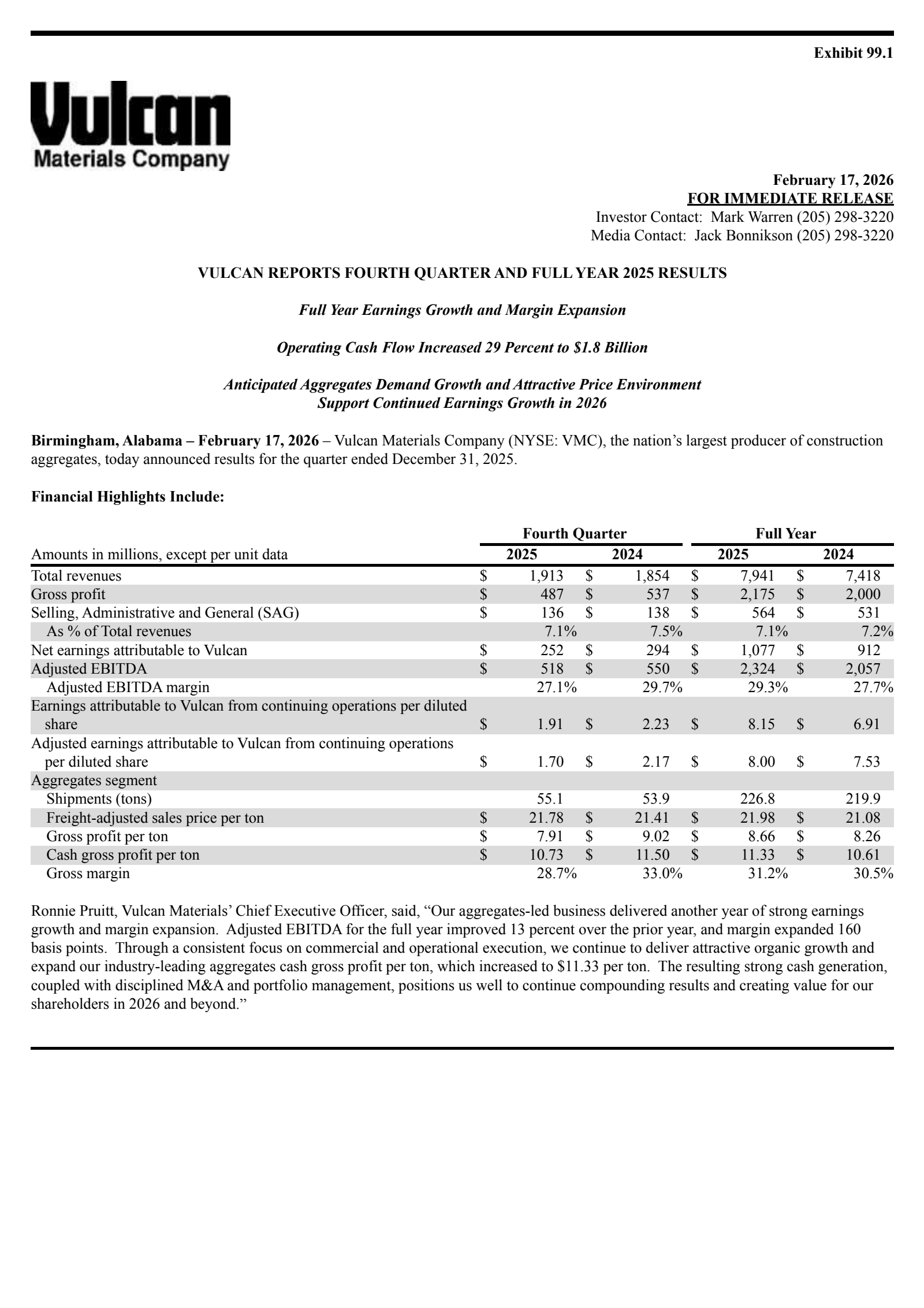 Vulcan Materials' Q4 2025 Press Release