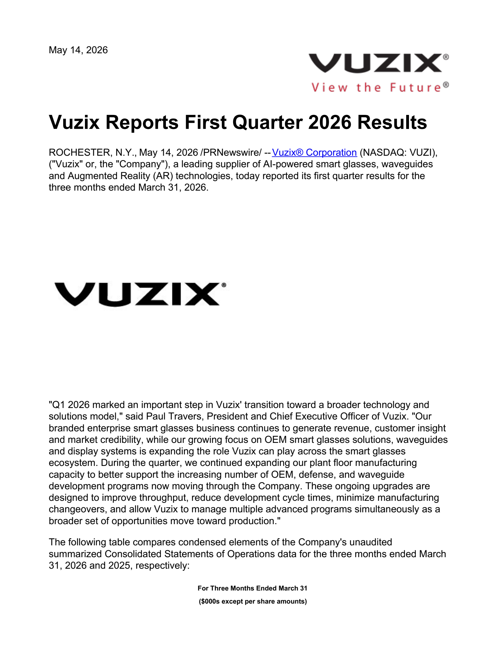 Vuzix's Q1 2026 Press Release