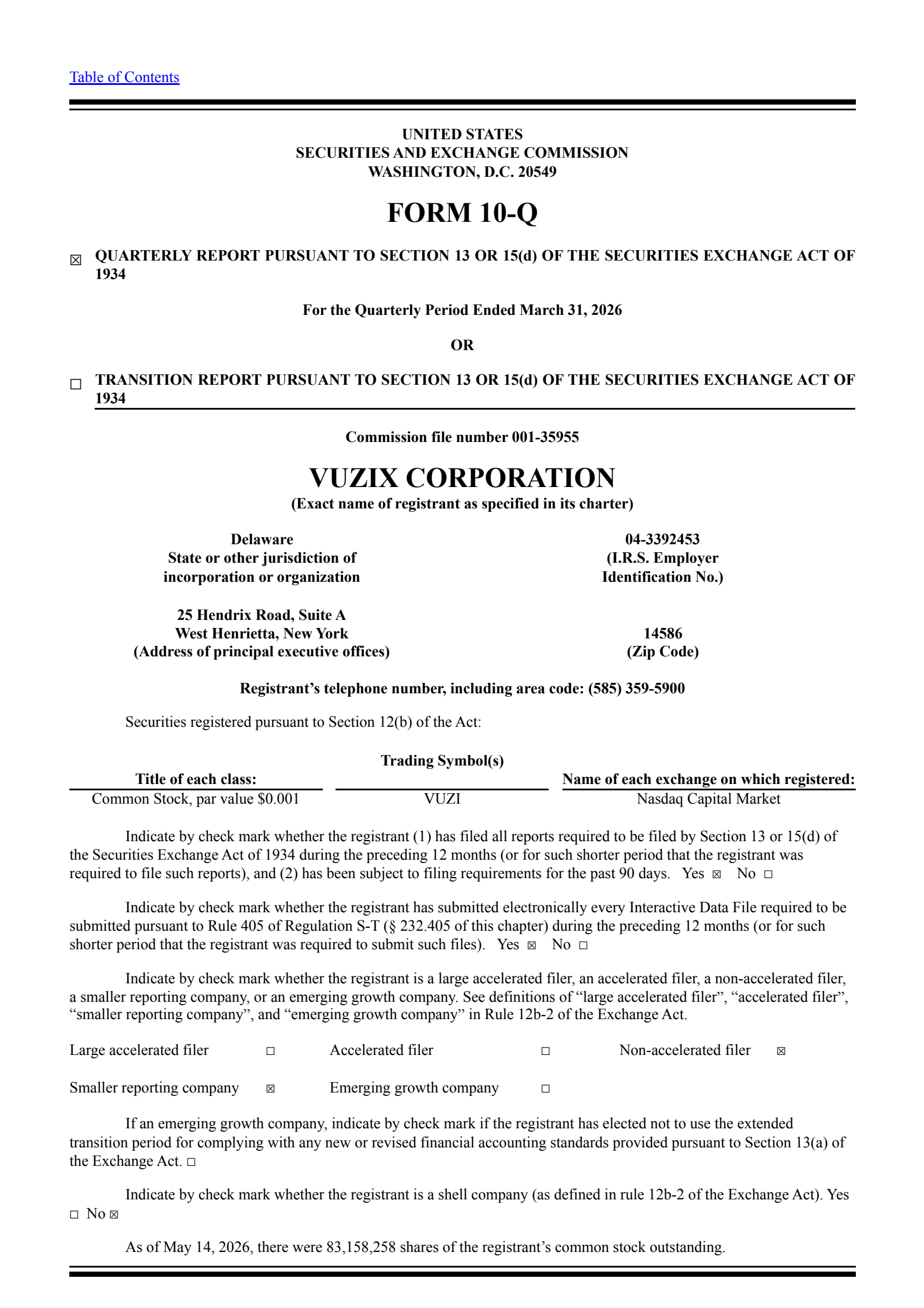 Vuzix's Q1 2026 Quarterly report