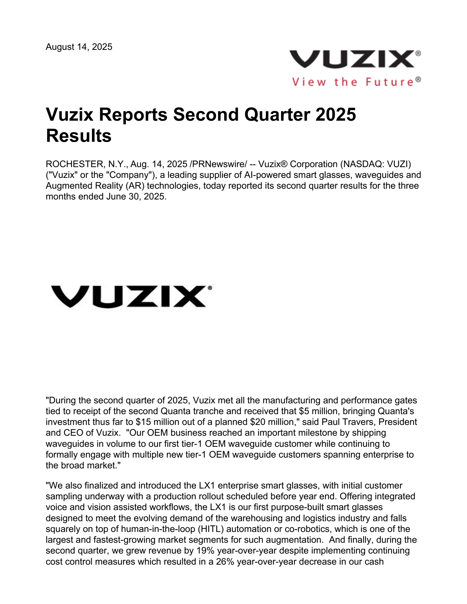 Vuzix's Q2 2025 Press Release