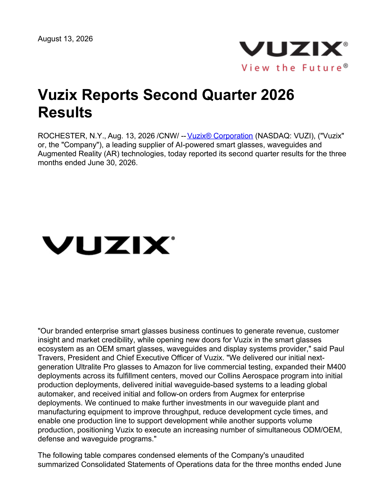 Vuzix's Q2 2026 Press Release