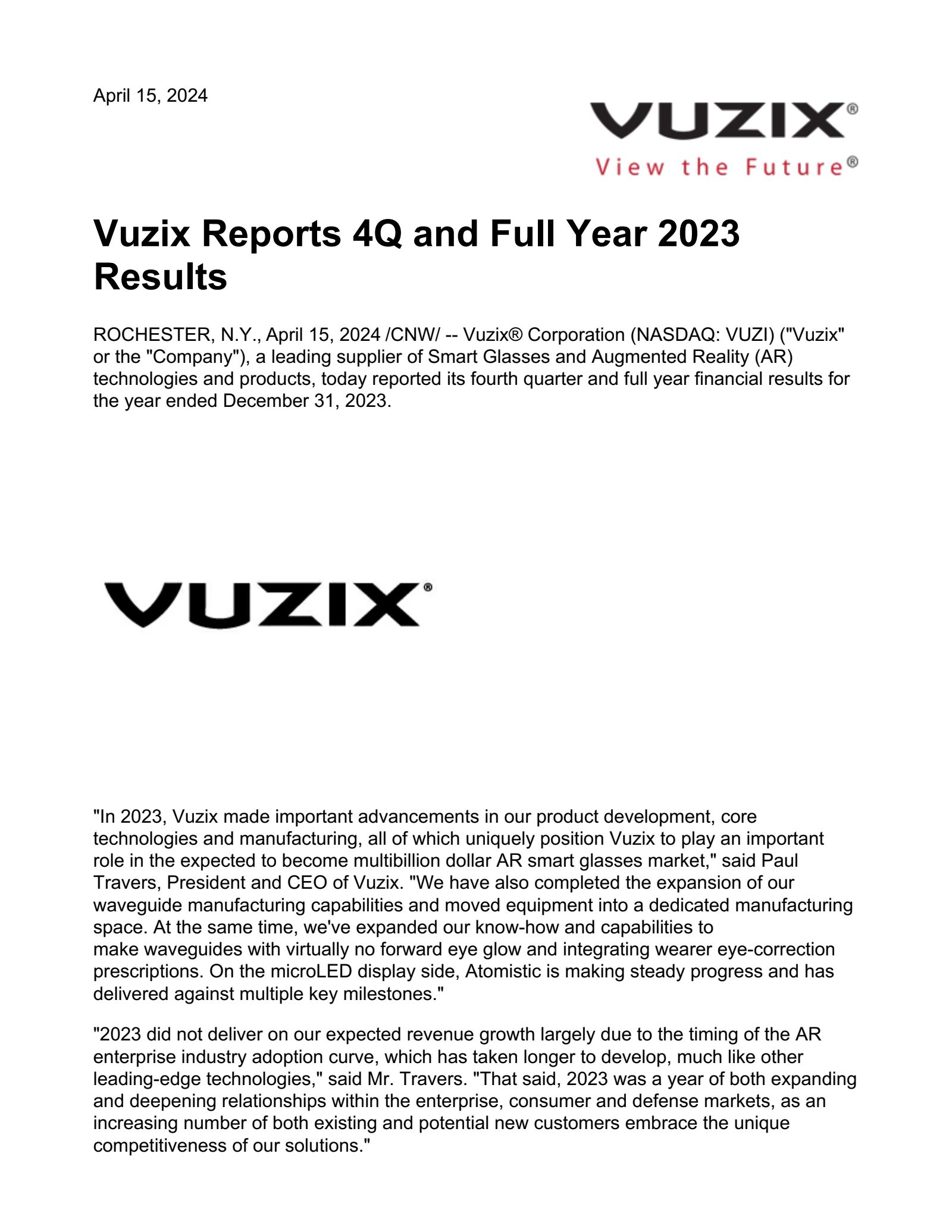 Vuzix's Q4 2023 Press Release
