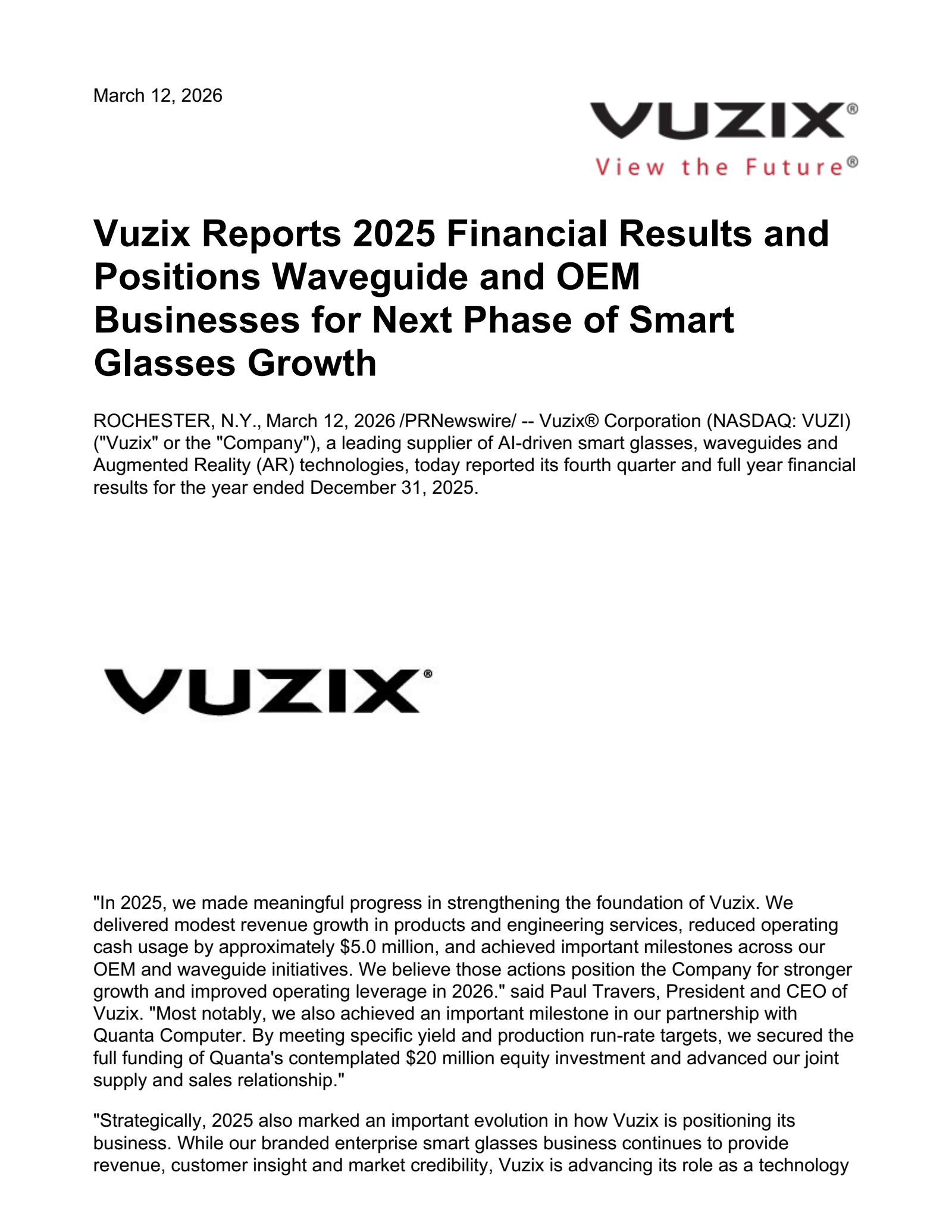 Vuzix's Q4 2025 Press Release