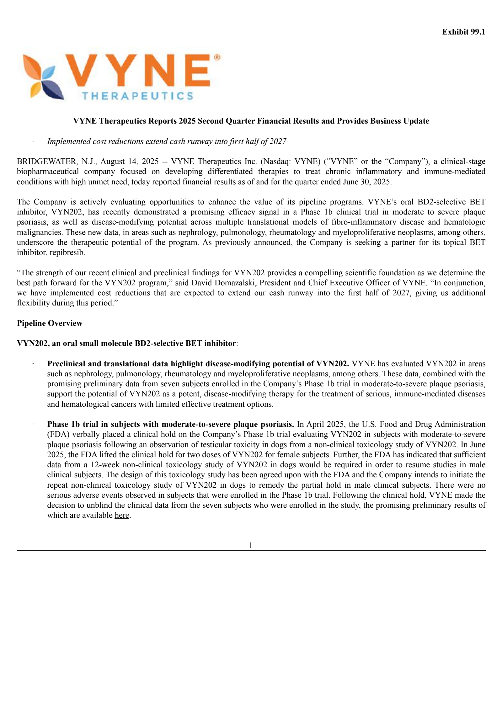 VYNE Therapeutics' Q2 2025 Press Release