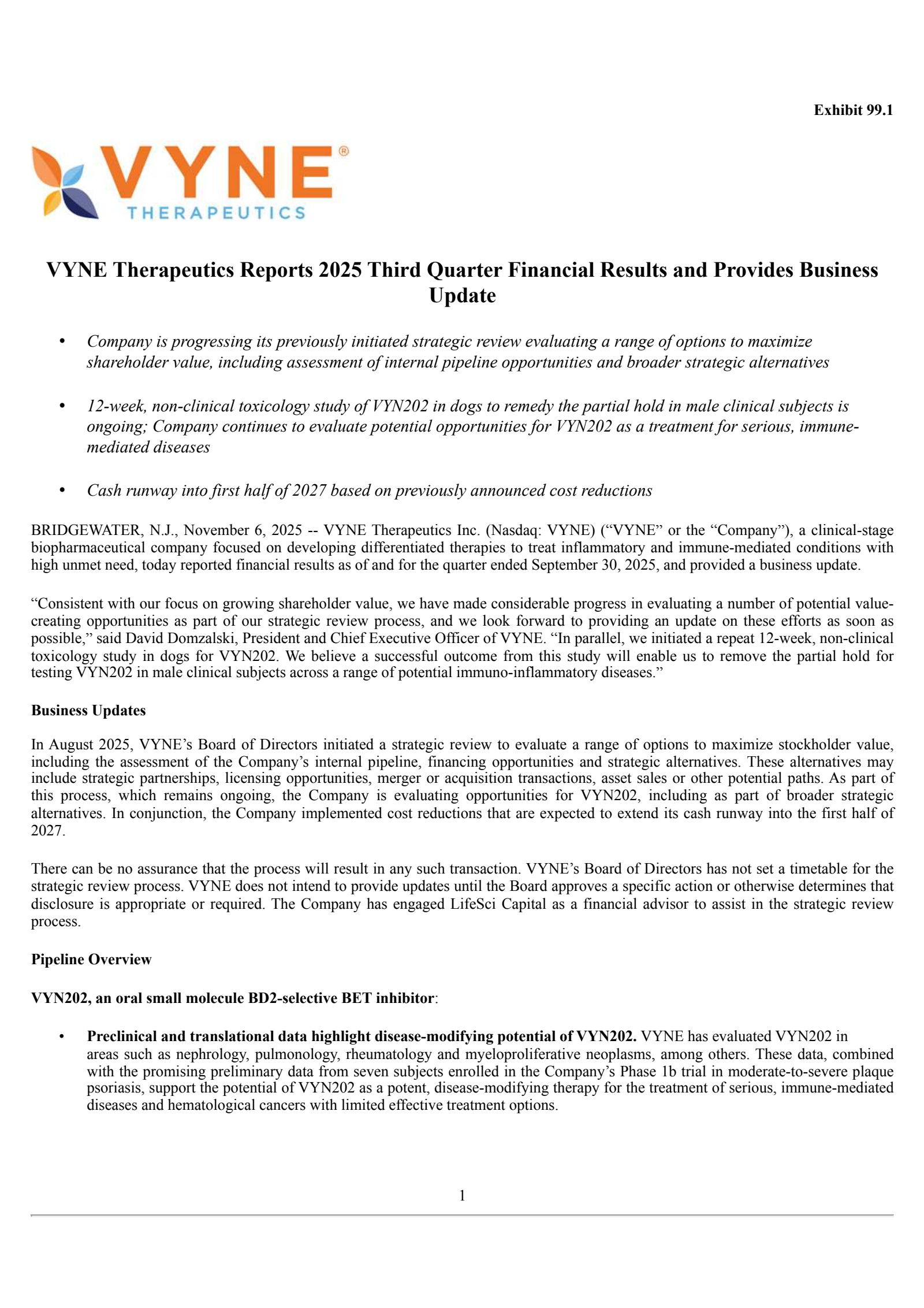 VYNE Therapeutics' Q3 2025 Earnings Release