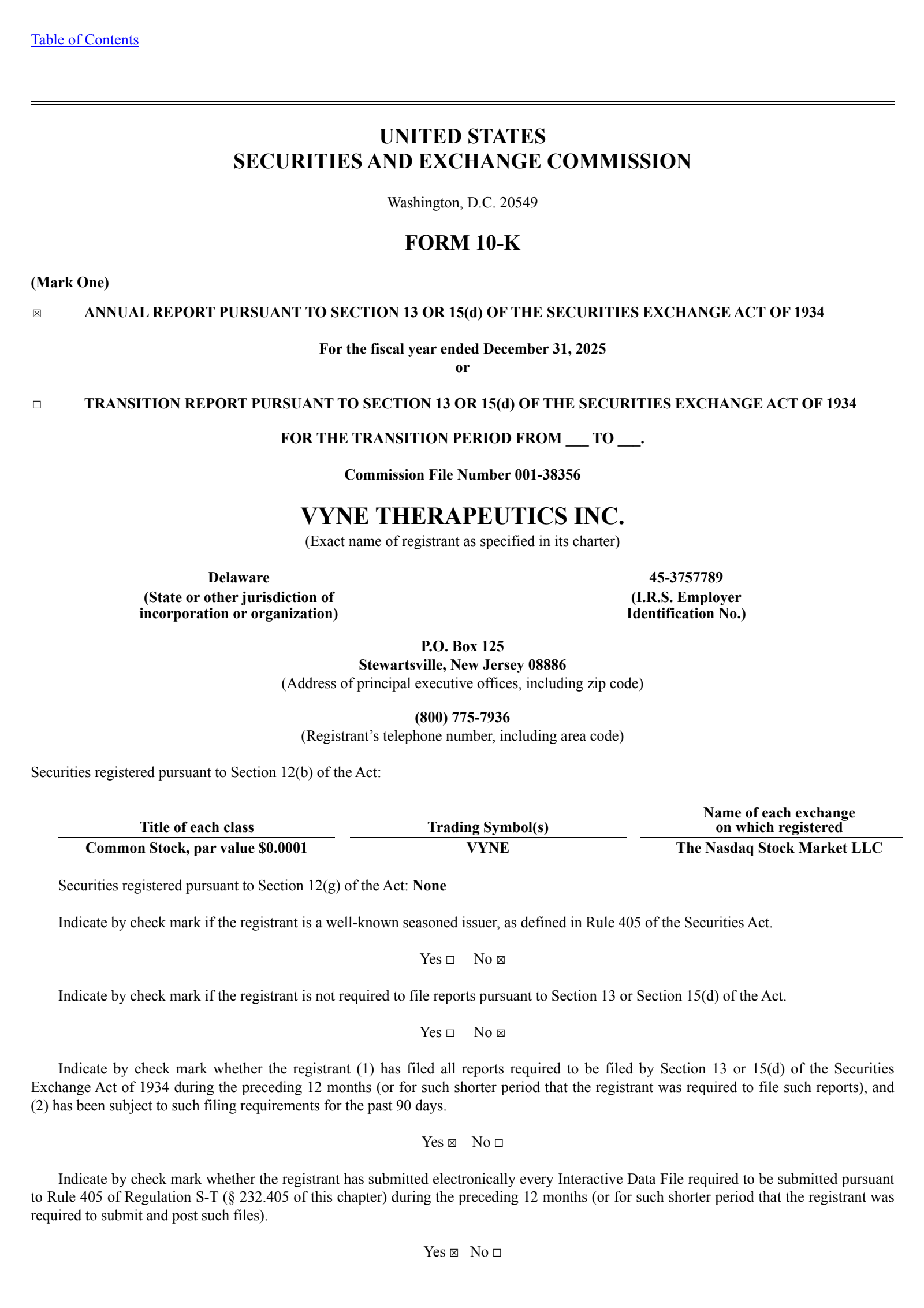 VYNE Therapeutics' Q4 2025 Annual report