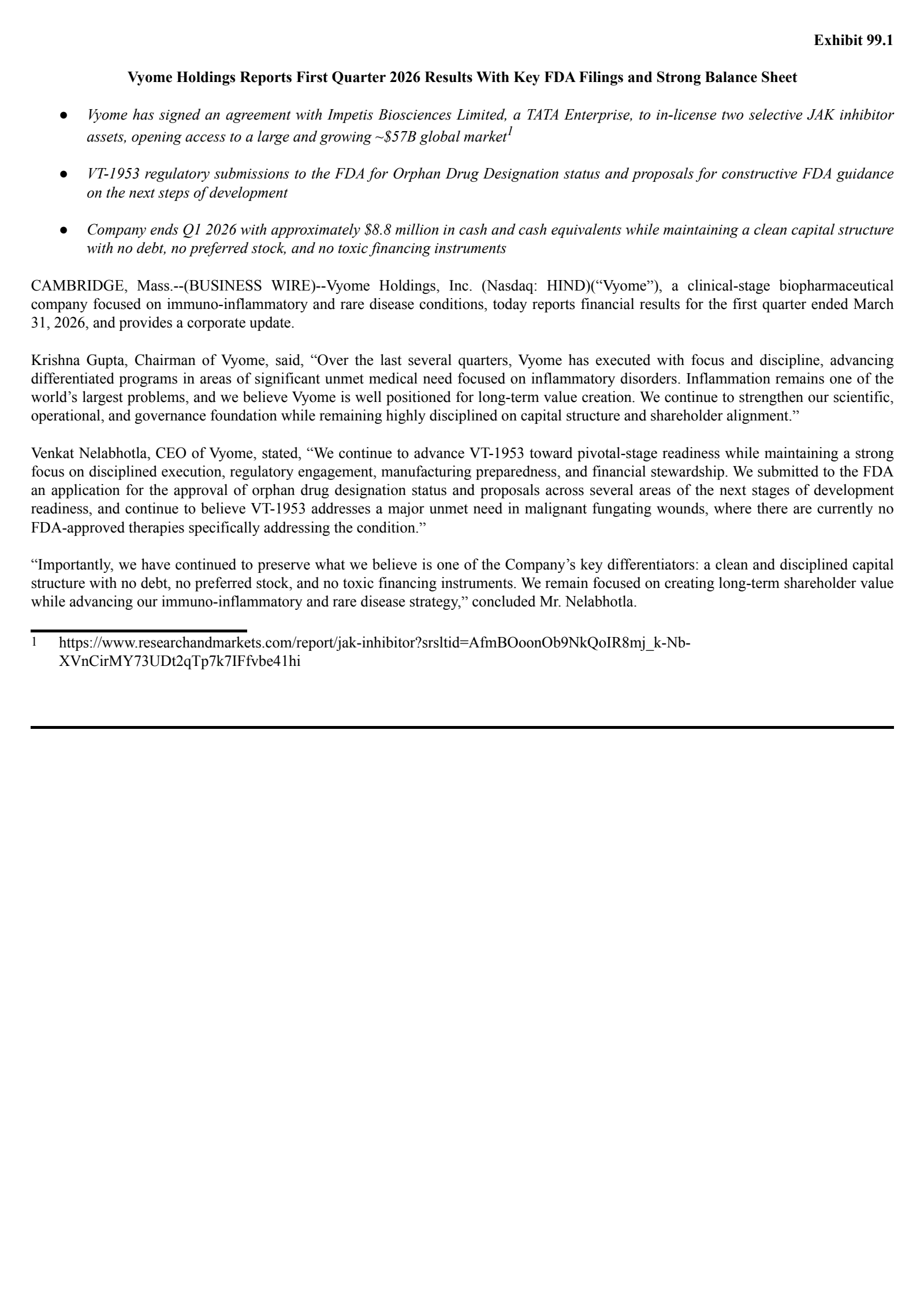 Vyome's Q1 2026 Press Release