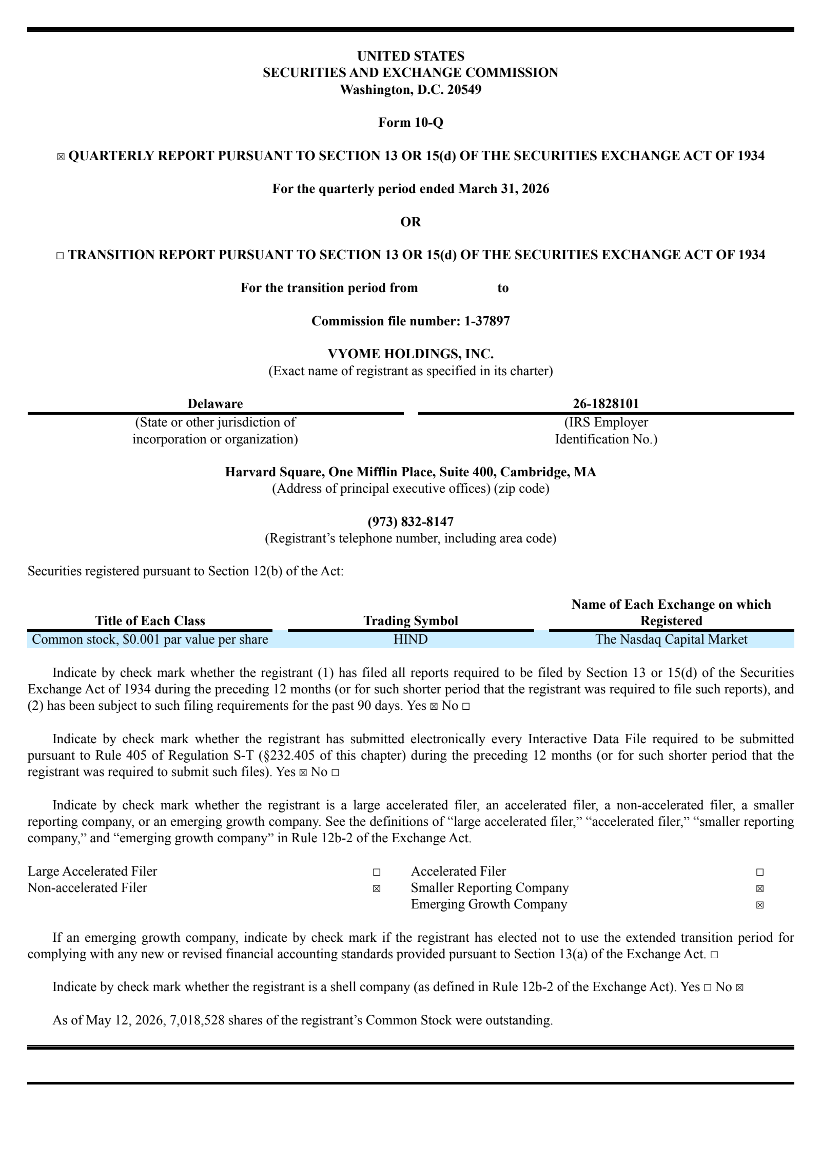Vyome's Q1 2026 Quarterly report