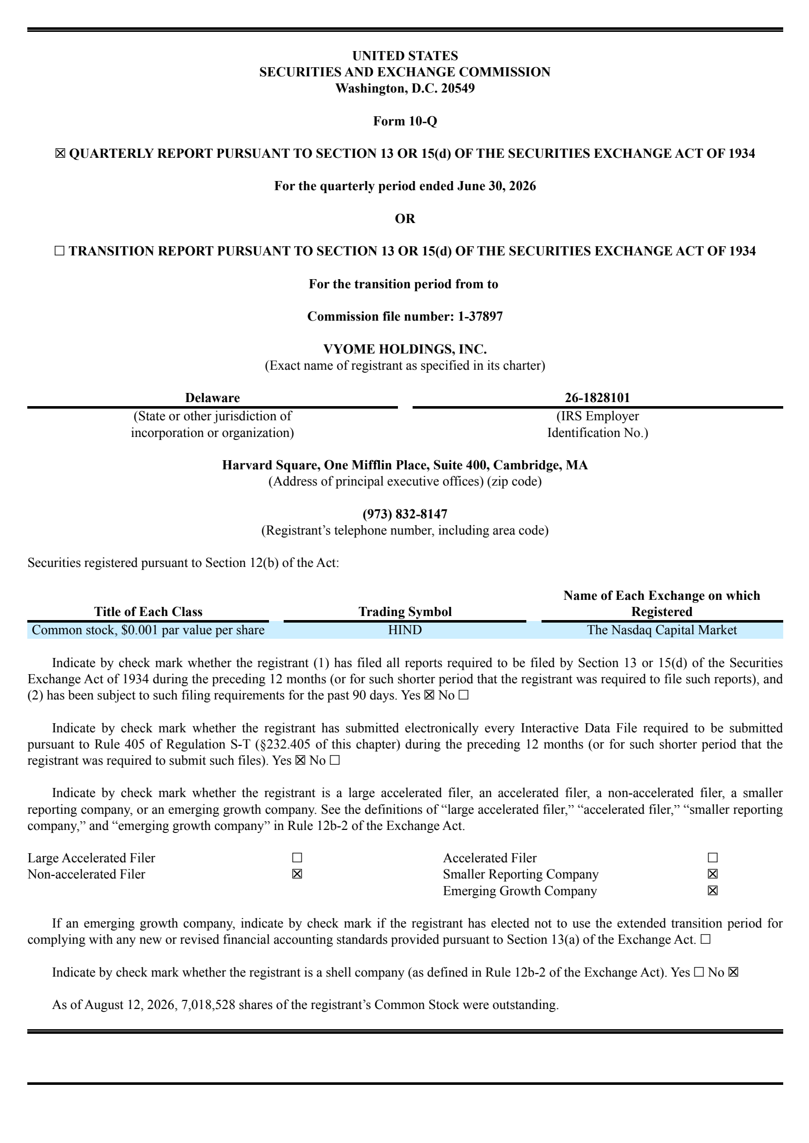 Vyome's Q2 2026 Quarterly report