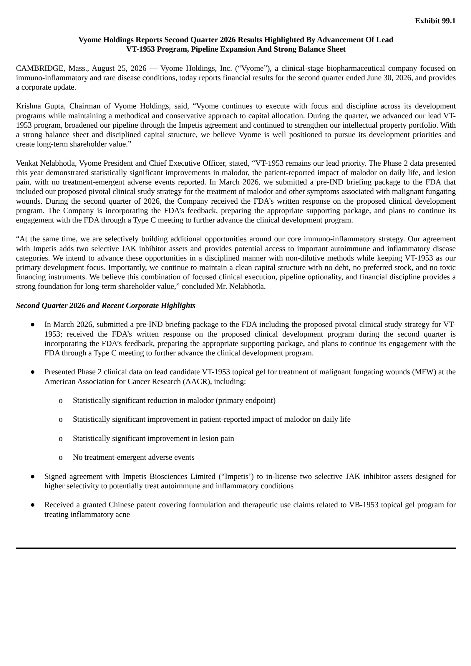 Vyome's Q2 2026 Press Release
