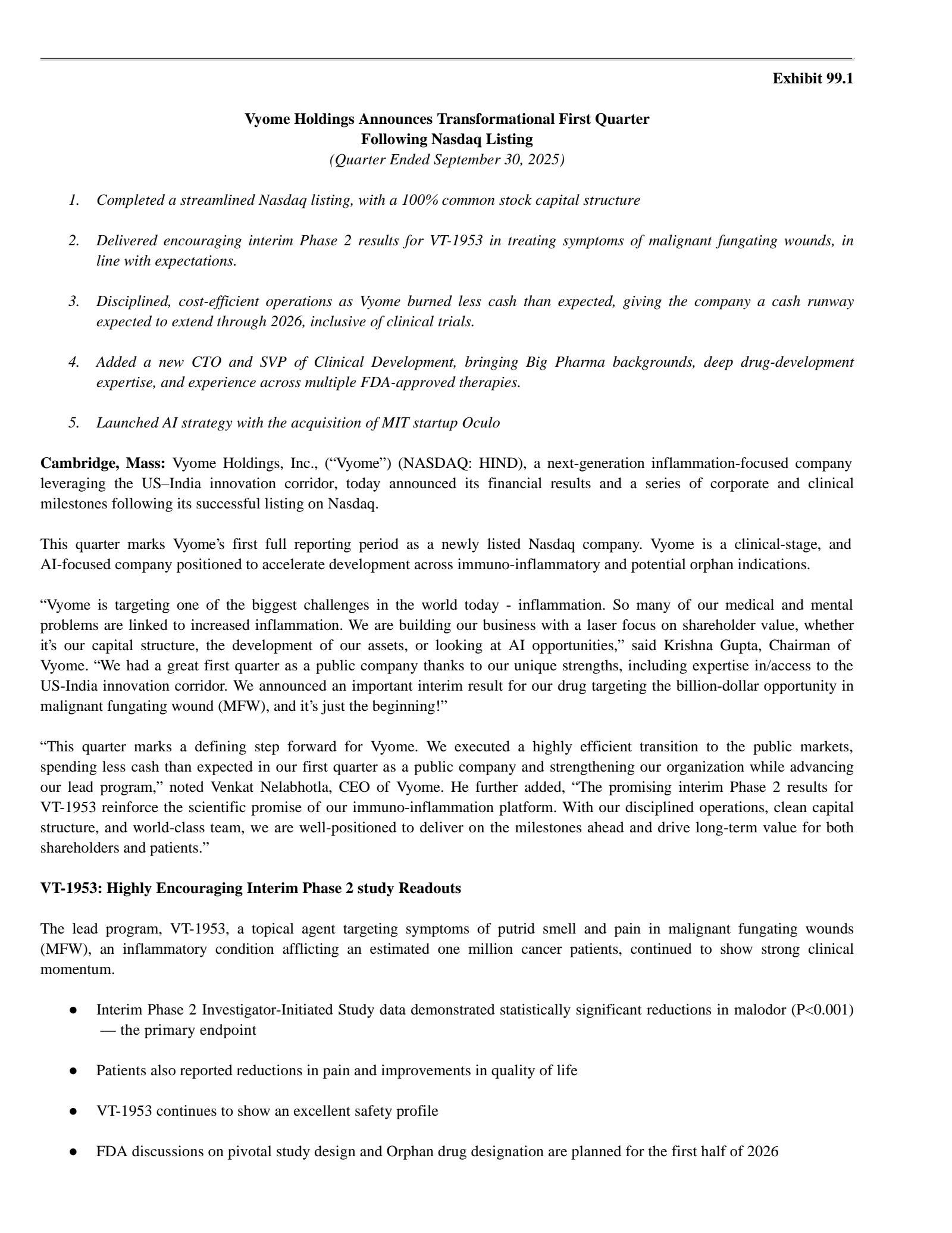 Vyome's Q3 2025 Earnings Release