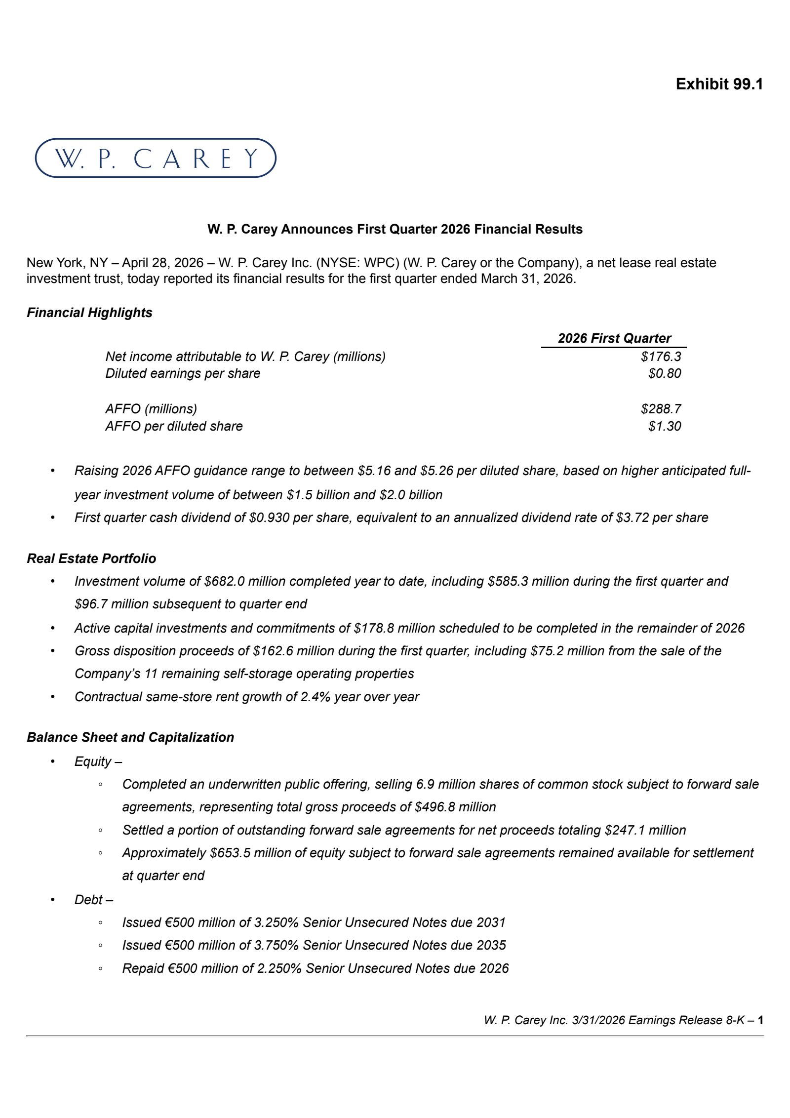 W.P. Carey's Q1 2026 Press Release