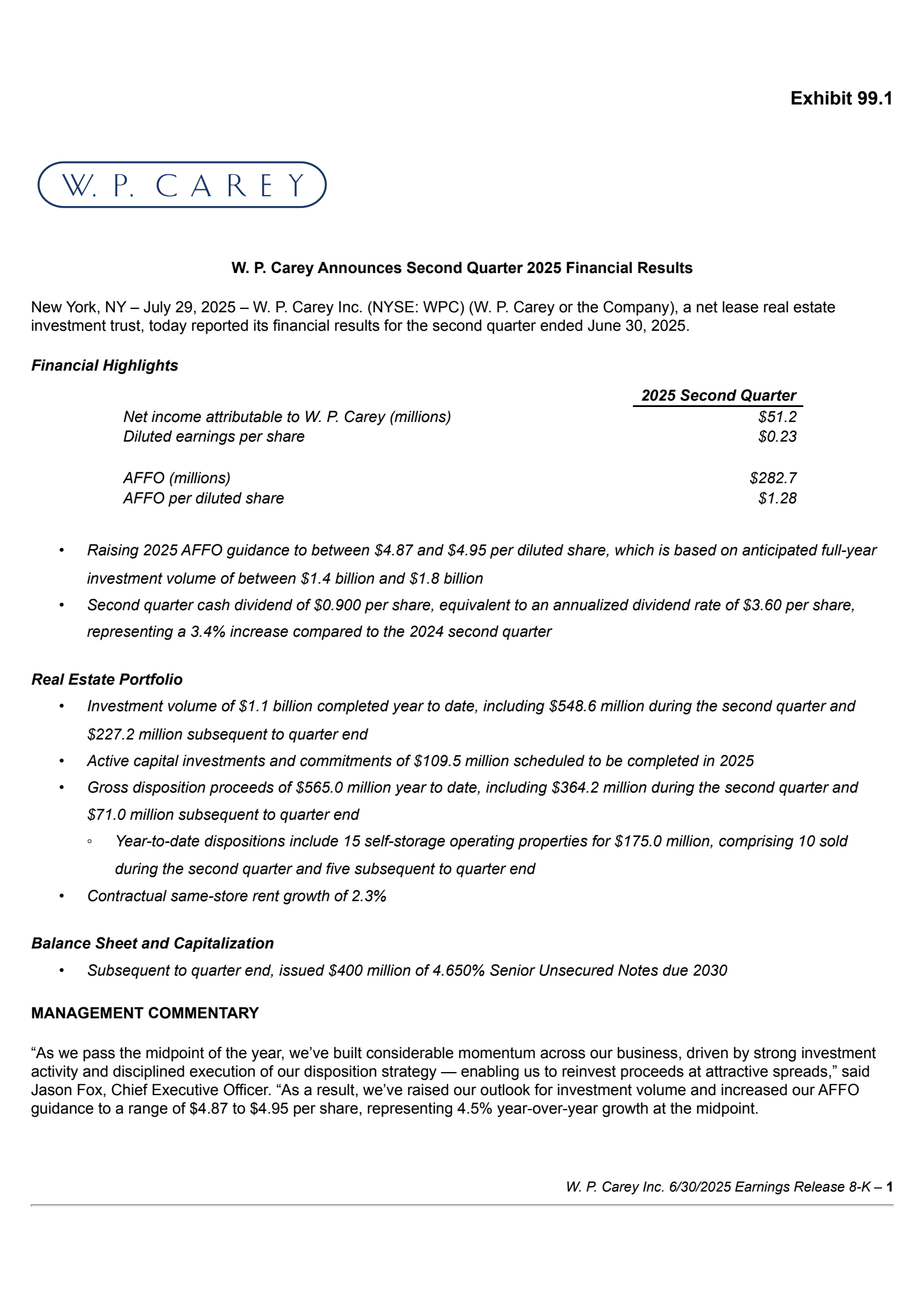 W.P. Carey's Q2 2025 Press Release