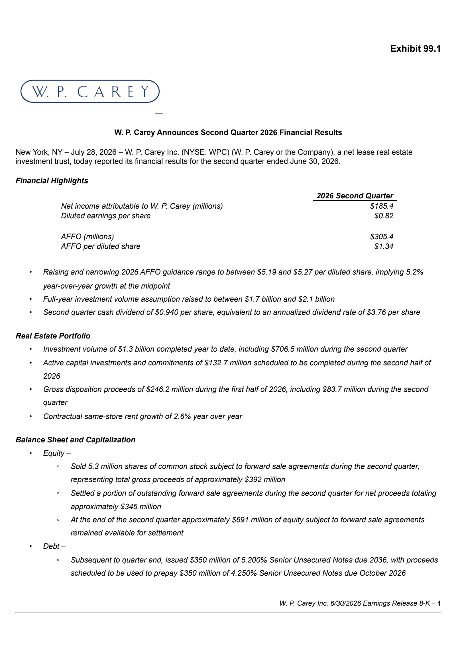 W.P. Carey's Q2 2026 Press Release