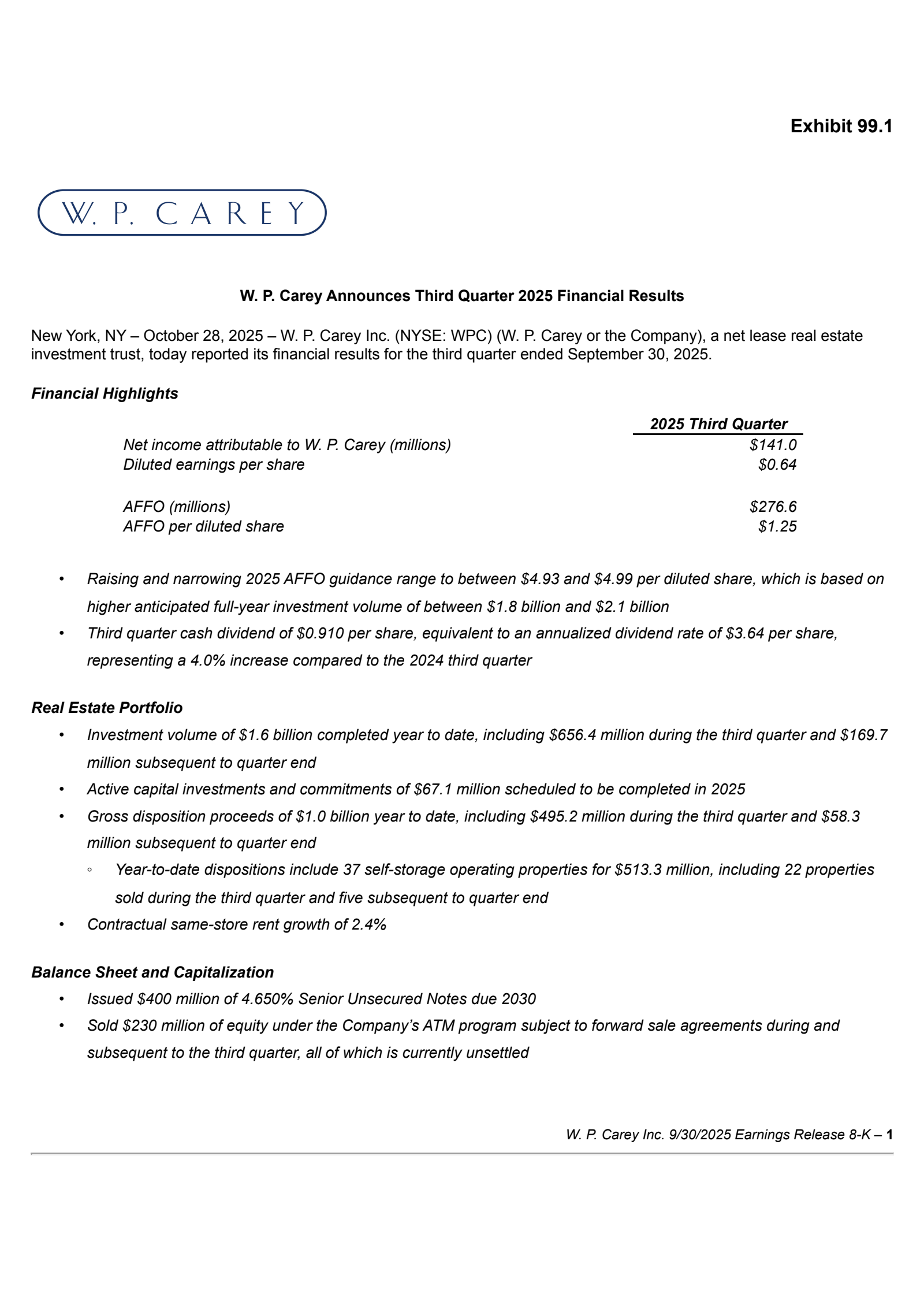 W.P. Carey's Q3 2025 Earnings Release