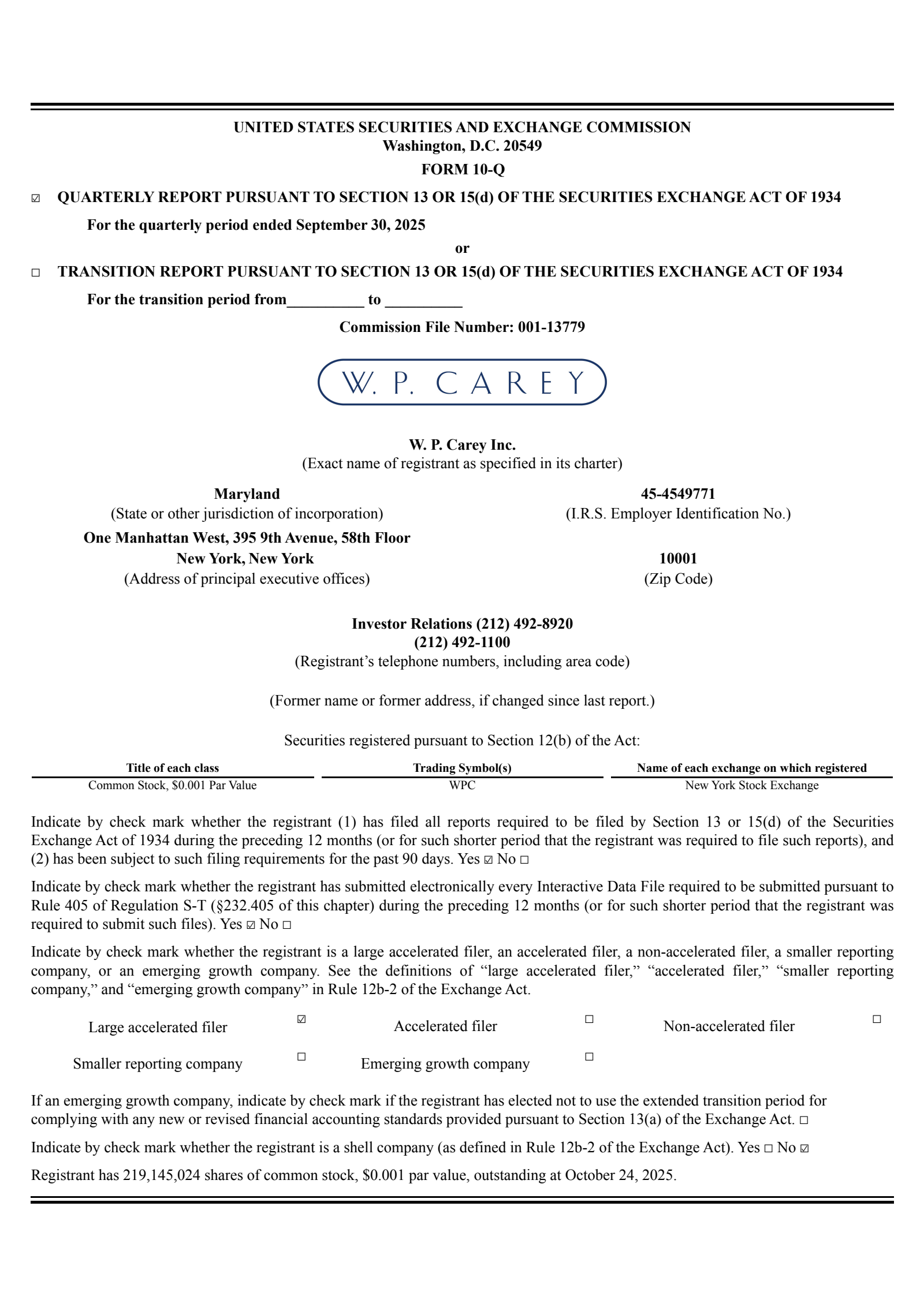 W.P. Carey's Q3 2025 Quarterly Report
