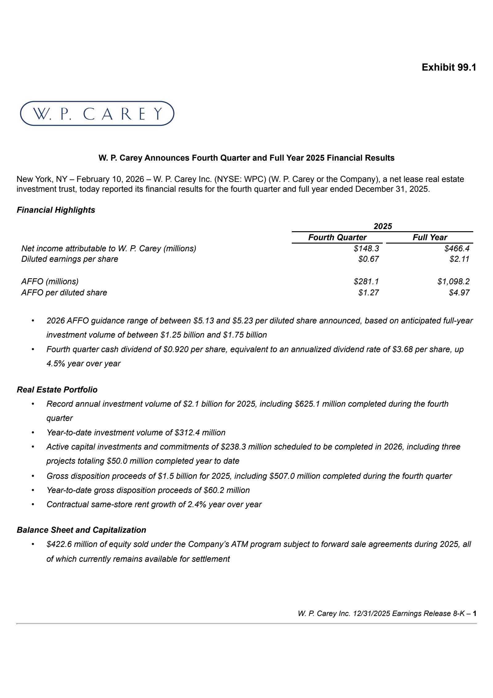 W.P. Carey's Q4 2025 Press Release