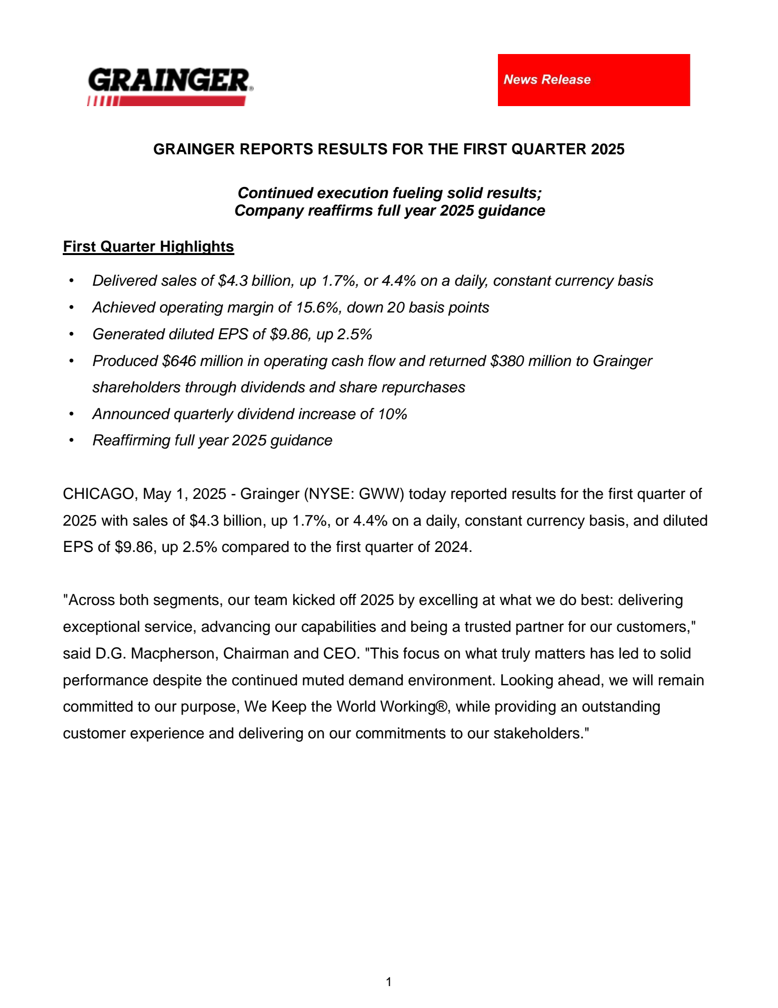 GWW Q1 2025 Earnings Report on 5/1/2025