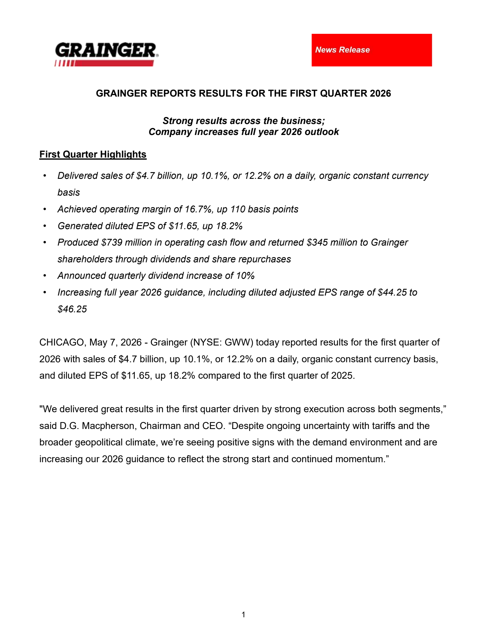 W.W. Grainger's Q1 2026 Press Release